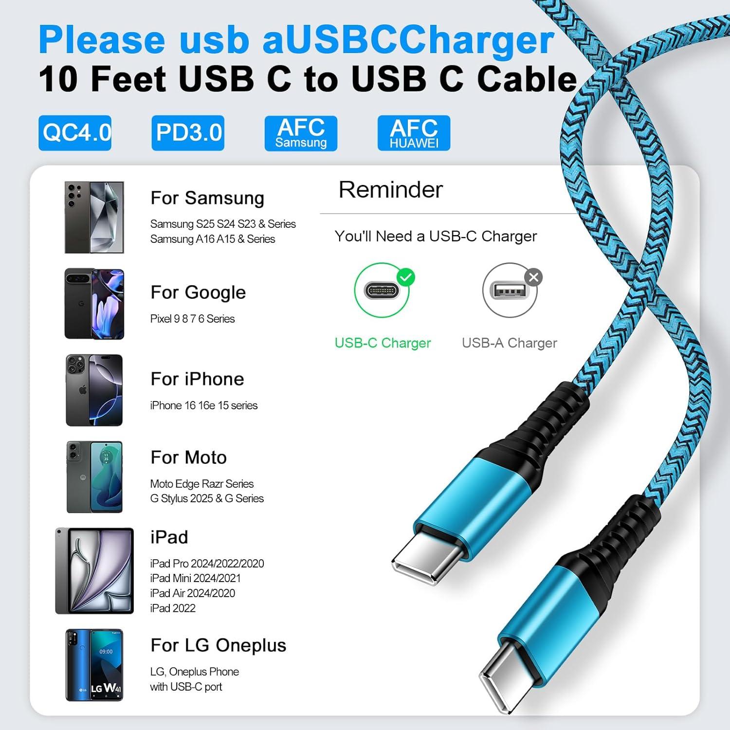 Cable de Carga Rápida USB C 10FT ABCPOW para iPhone 16