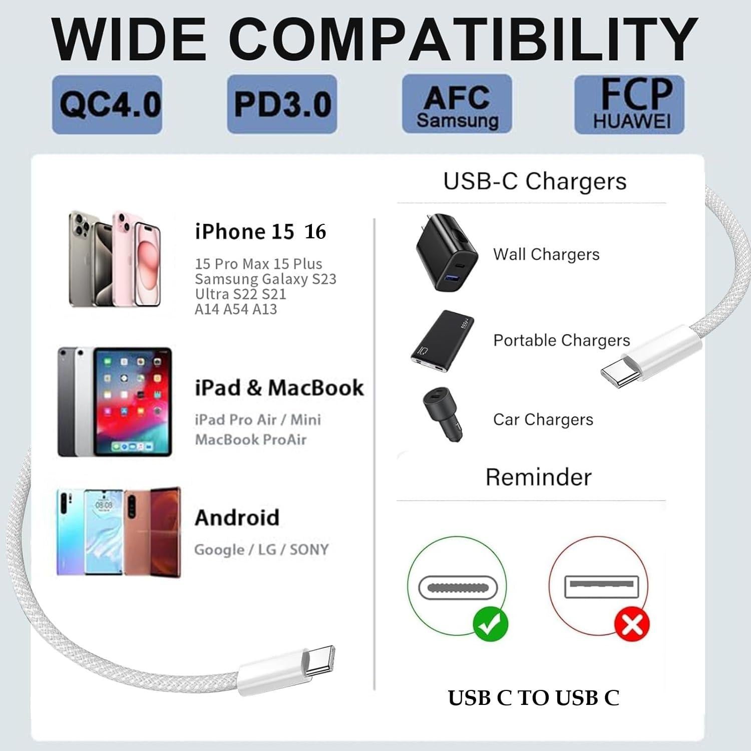 Cable de carga rápida USB C 60W 3m 2Pack para iPhone 16 Pro