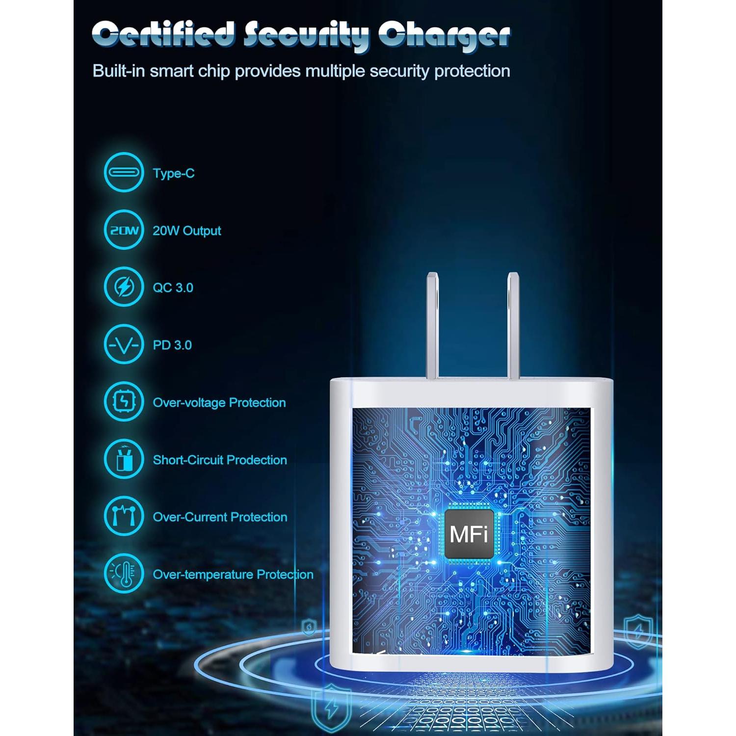 Cargador Rápido USB-C para iPhone + 2 Cables 10FT Lightning