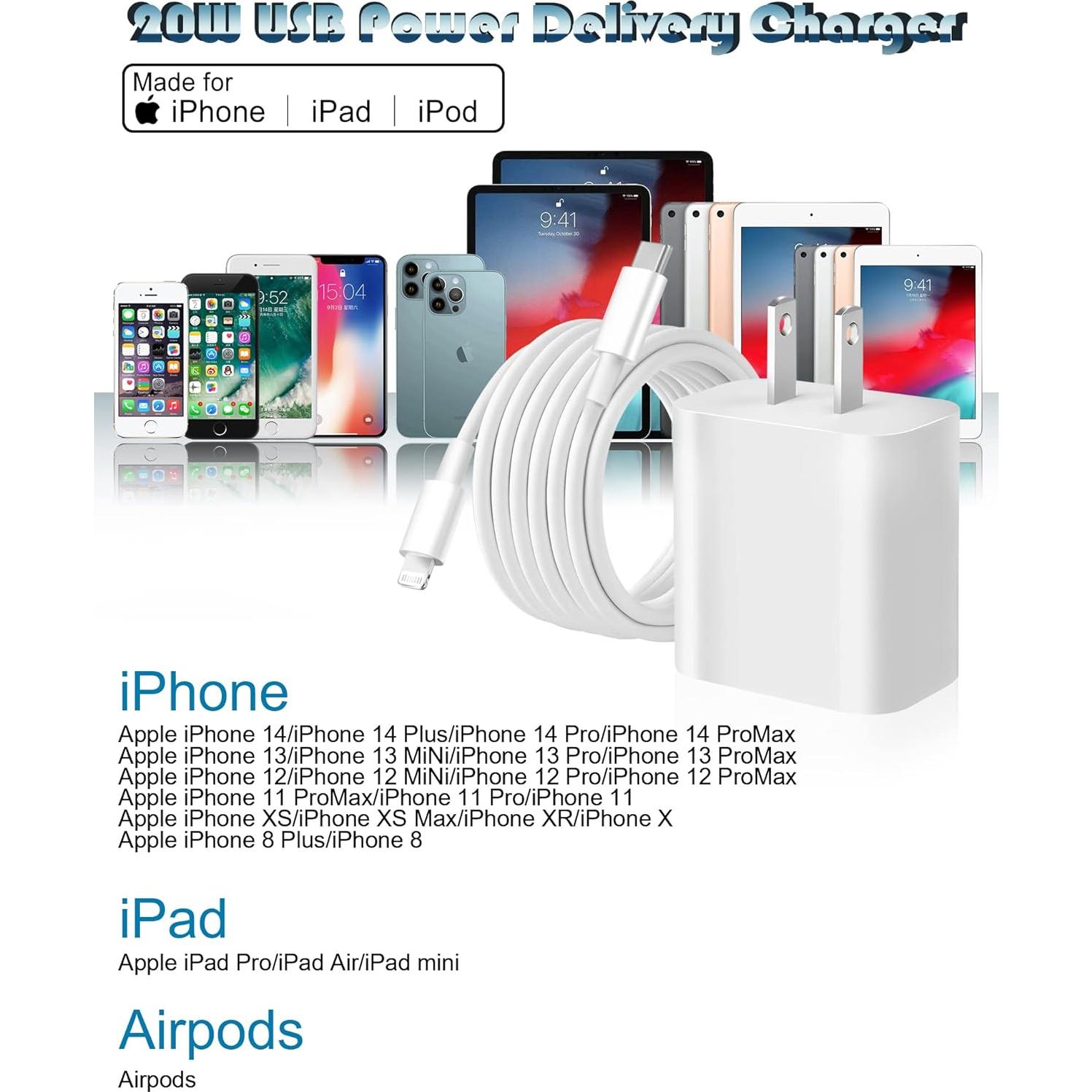 Cargador Rápido USB-C para iPhone + 2 Cables 10FT Lightning