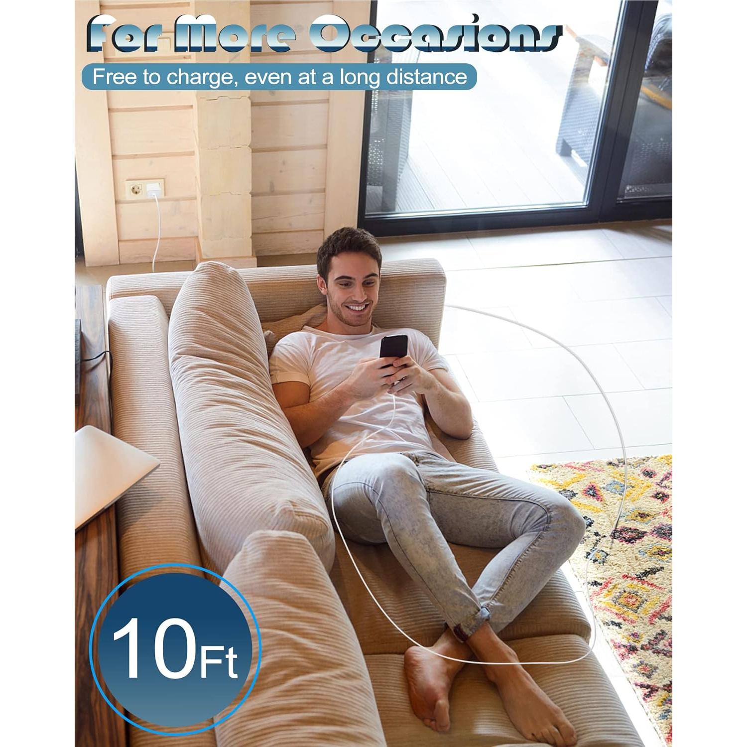 Cargador Rápido USB-C para iPhone + 2 Cables 10FT Lightning