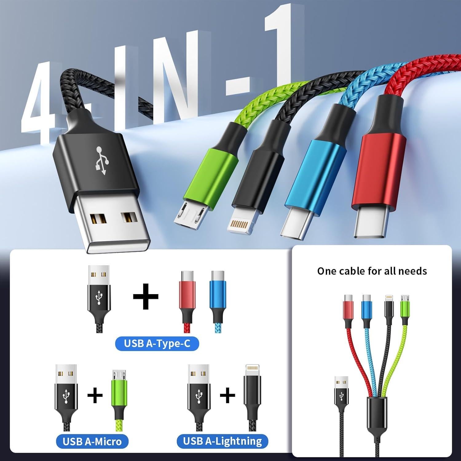 Cable de Carga Multi 4 en 1 Firsting 5FT USB A - Negro/Rojo/Azul/Verde