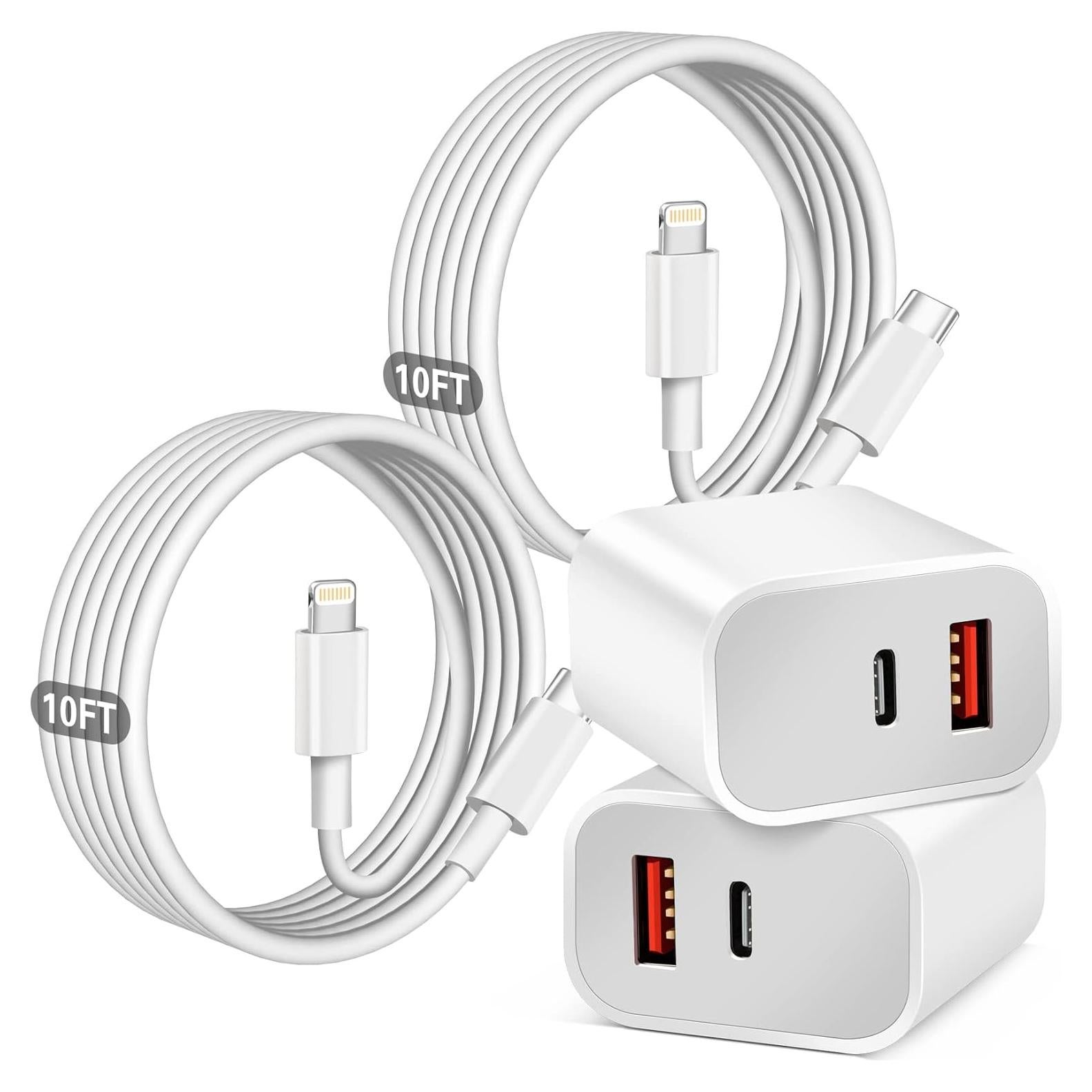 Cargador Rápido Doble Puerto 20W para iPhone + Cable 10FT