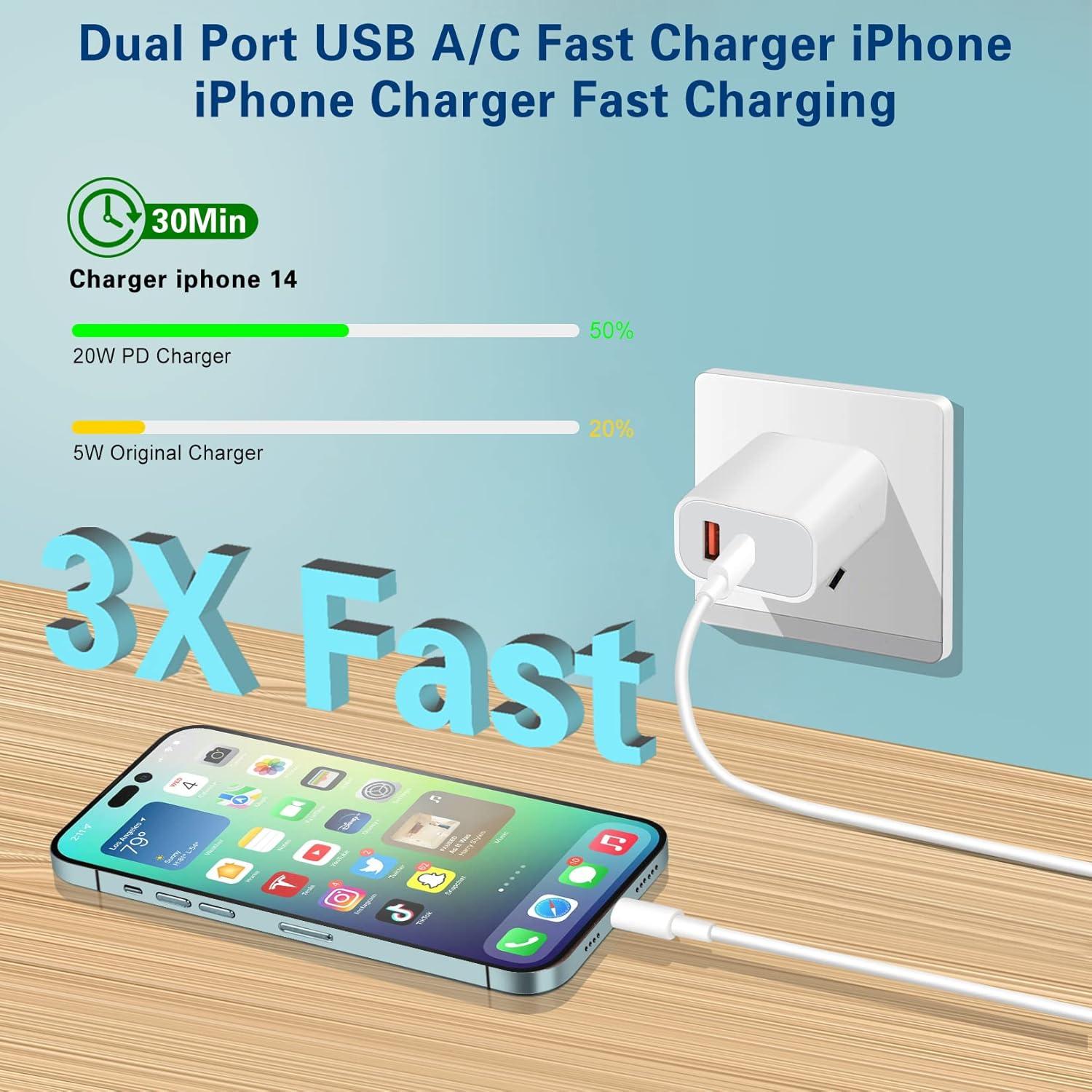 Cargador Rápido Doble Puerto 20W para iPhone + Cable 10FT