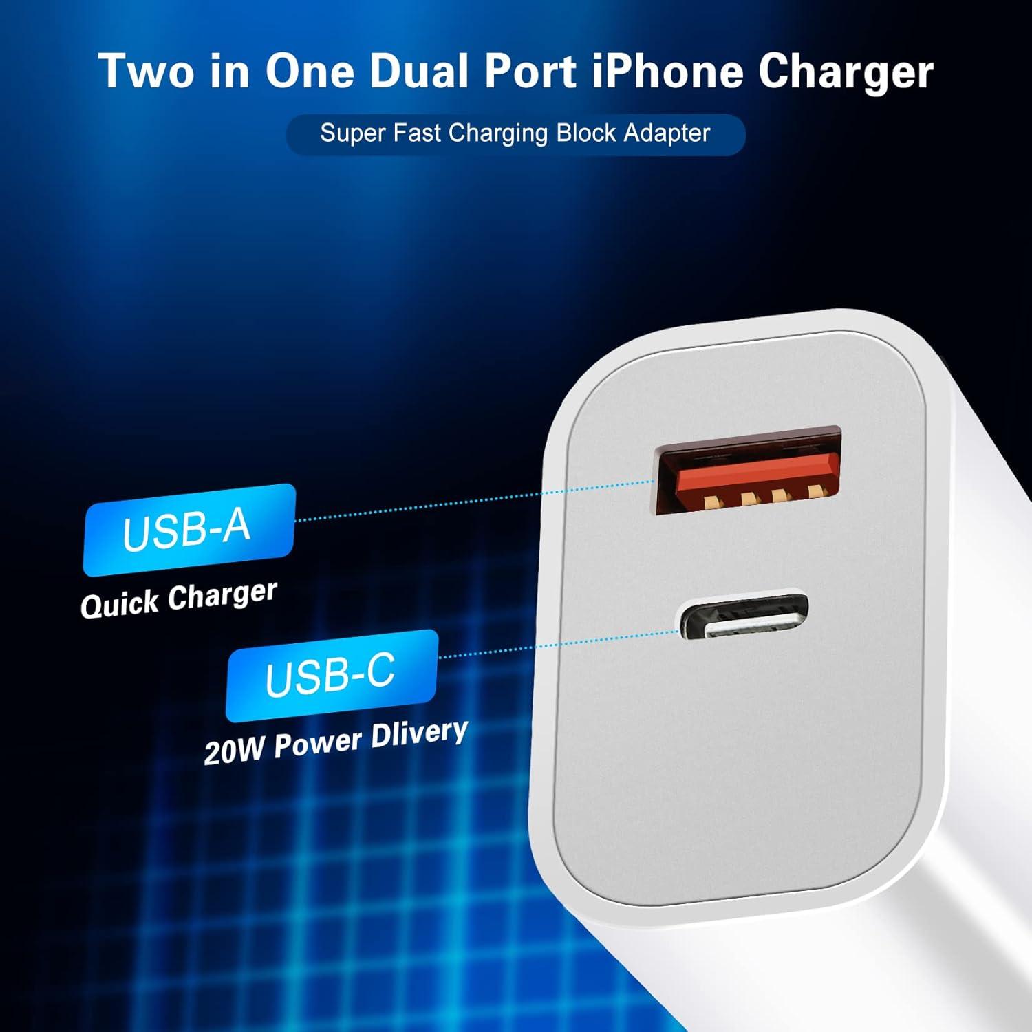 Cargador Rápido Doble Puerto 20W para iPhone + Cable 10FT