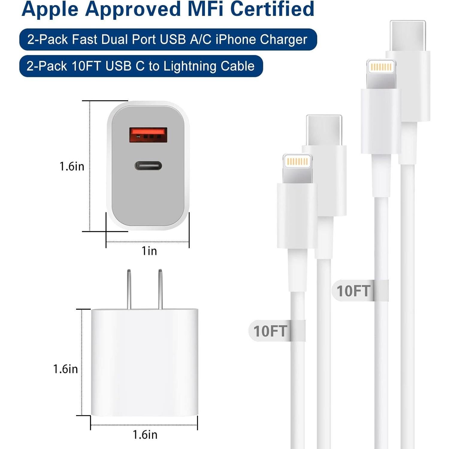 Cargador Rápido Doble Puerto 20W para iPhone + Cable 10FT