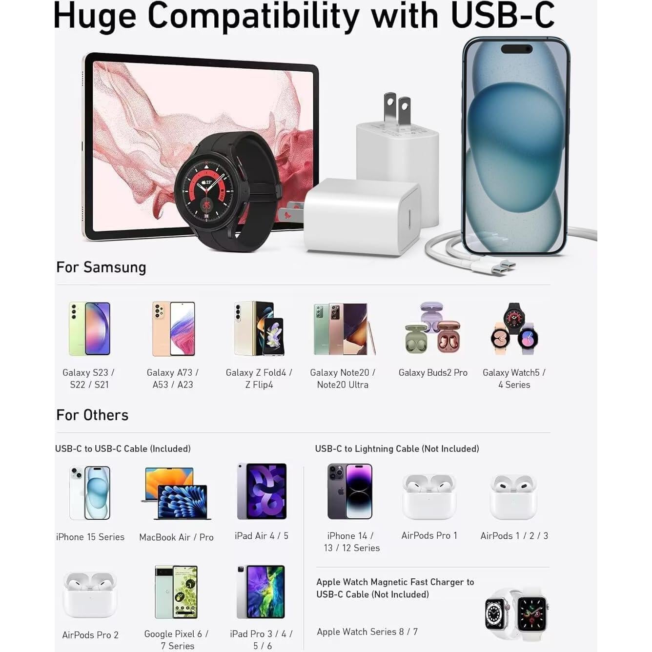 Cargador Rápido DJYQWIN 20W USB-C 2 Paquetes 2m para iPhone