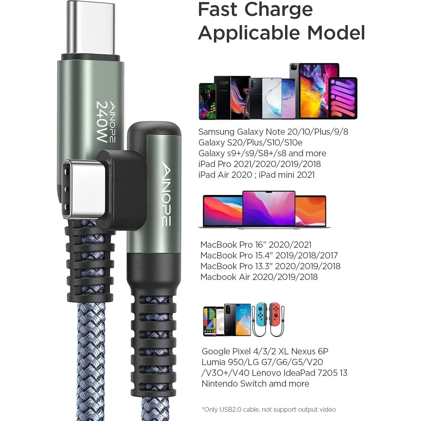 Cable USB C a USB C 240W AINOPE 3M Carga Rápida Ángulo Derecho