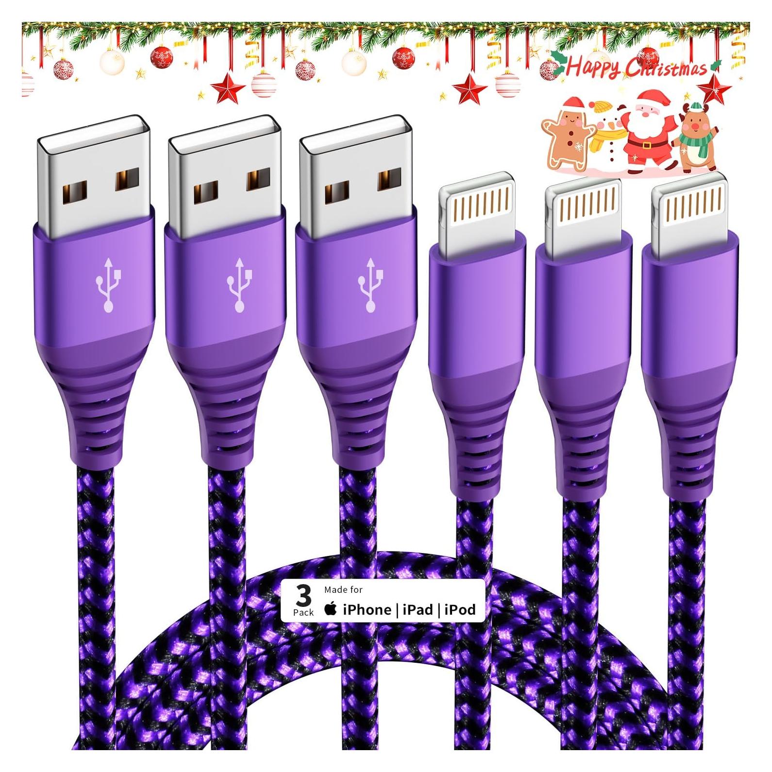 Cargador MFi Firsting para iPhone - 3 Cables 6FT Nylon Morado