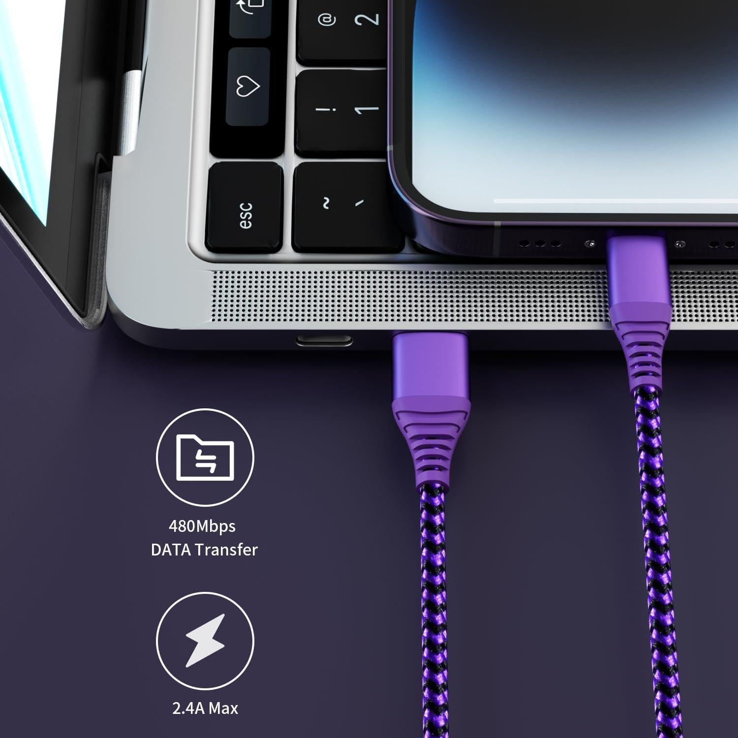 Cargador MFi Firsting para iPhone - 3 Cables 6FT Nylon Morado