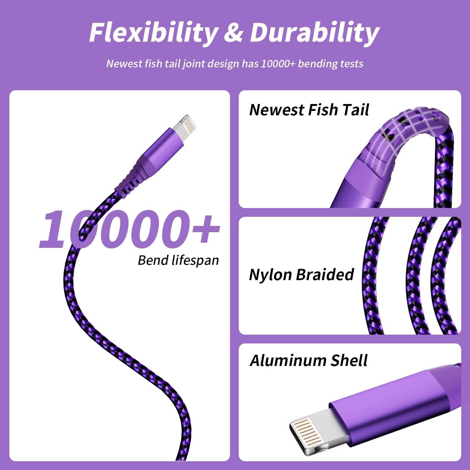 Cargador MFi Firsting para iPhone - 3 Cables 6FT Nylon Morado