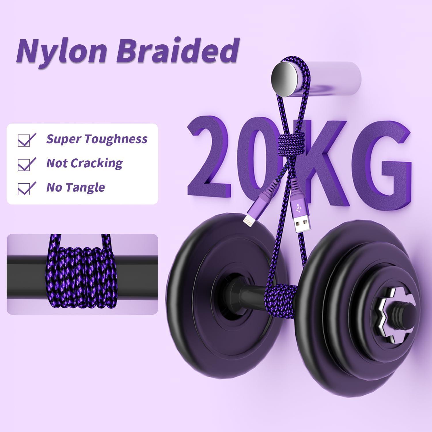 Cargador MFi Firsting para iPhone - 3 Cables 6FT Nylon Morado