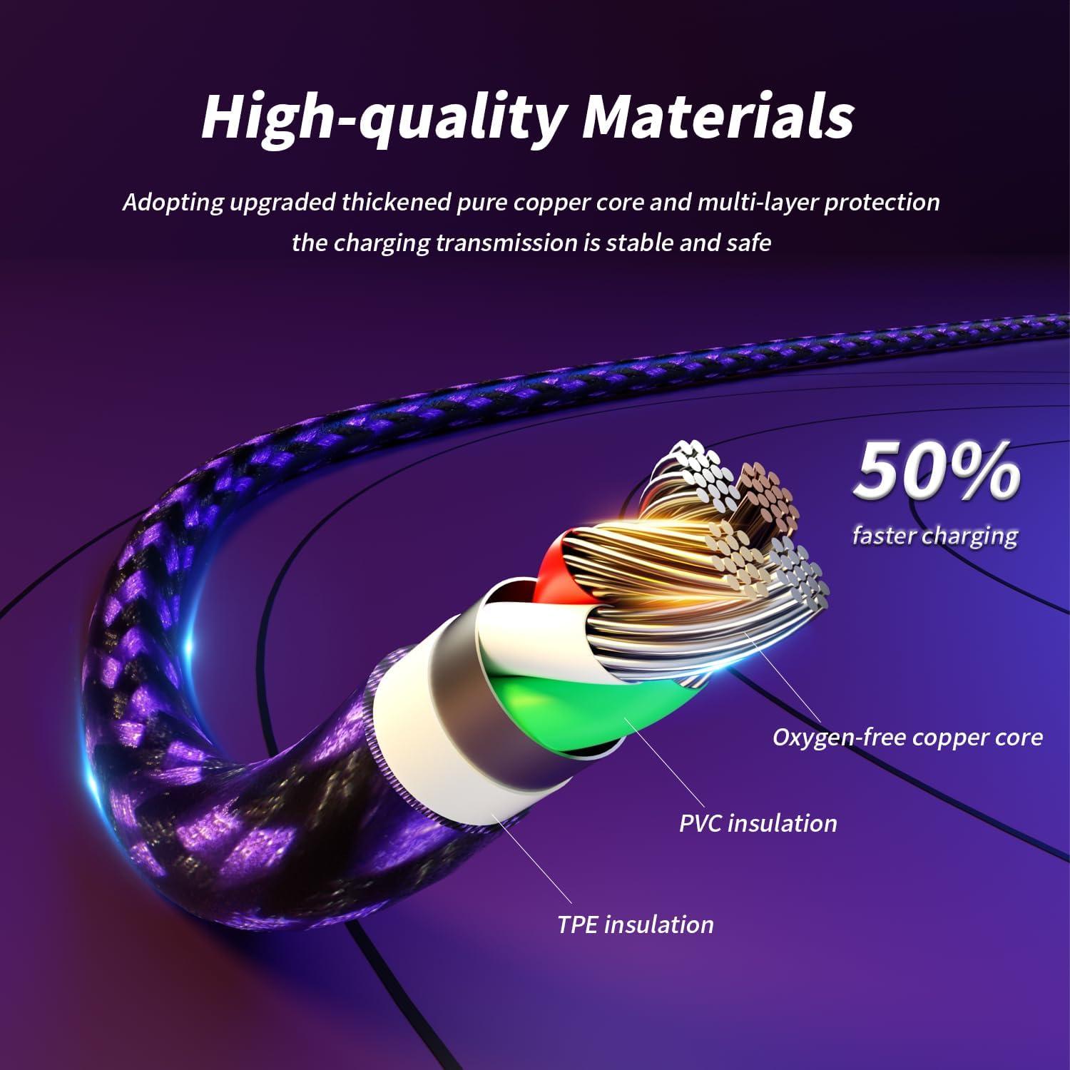 Cargador MFi Firsting para iPhone - 3 Cables 6FT Nylon Morado