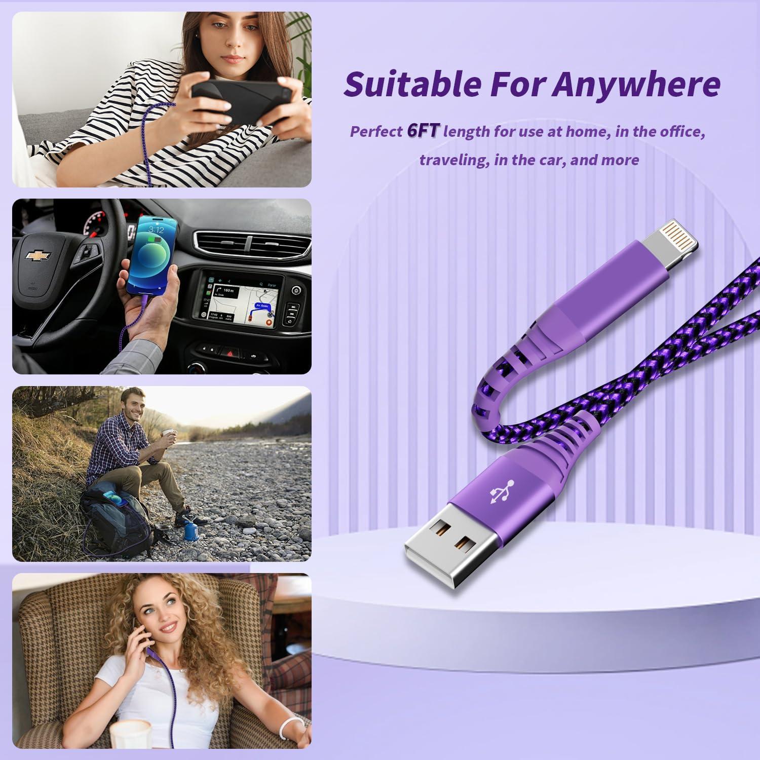 Cargador MFi Firsting para iPhone - 3 Cables 6FT Nylon Morado
