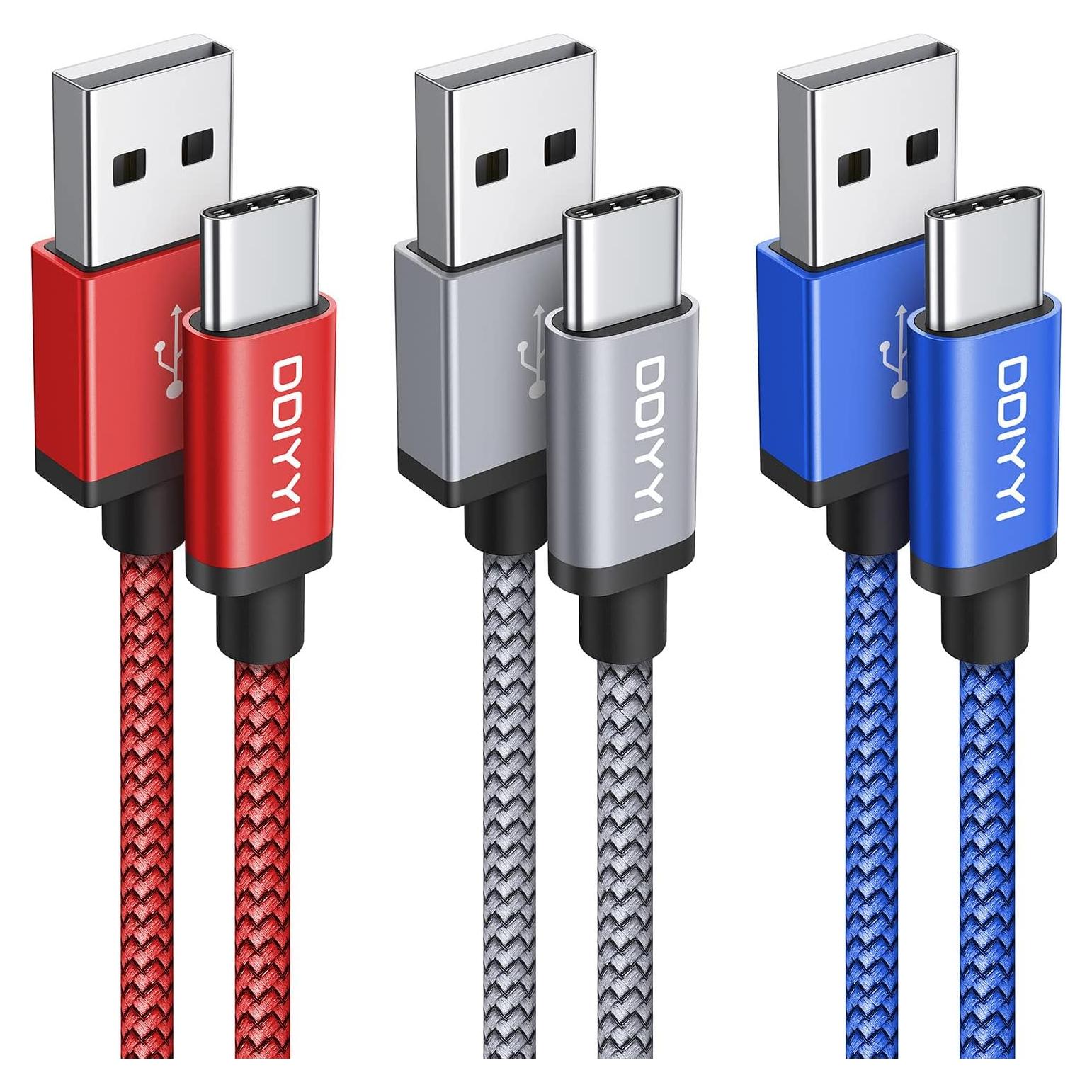 Cable USB C DDIYYI 0.91m Carga Rápida 3-Pack Rojo Gris Azul