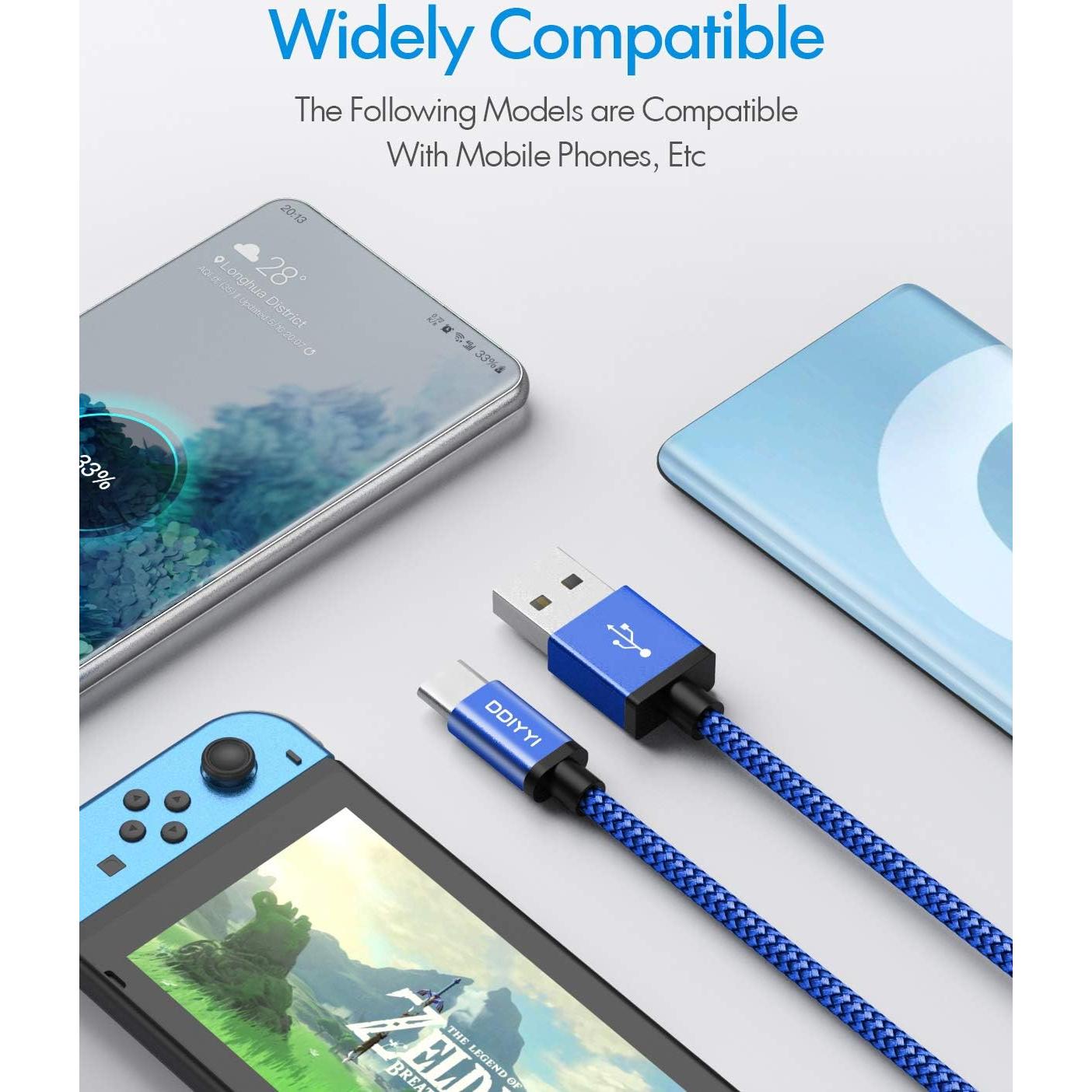 Cable USB C DDIYYI 0.91m Carga Rápida 3-Pack Rojo Gris Azul