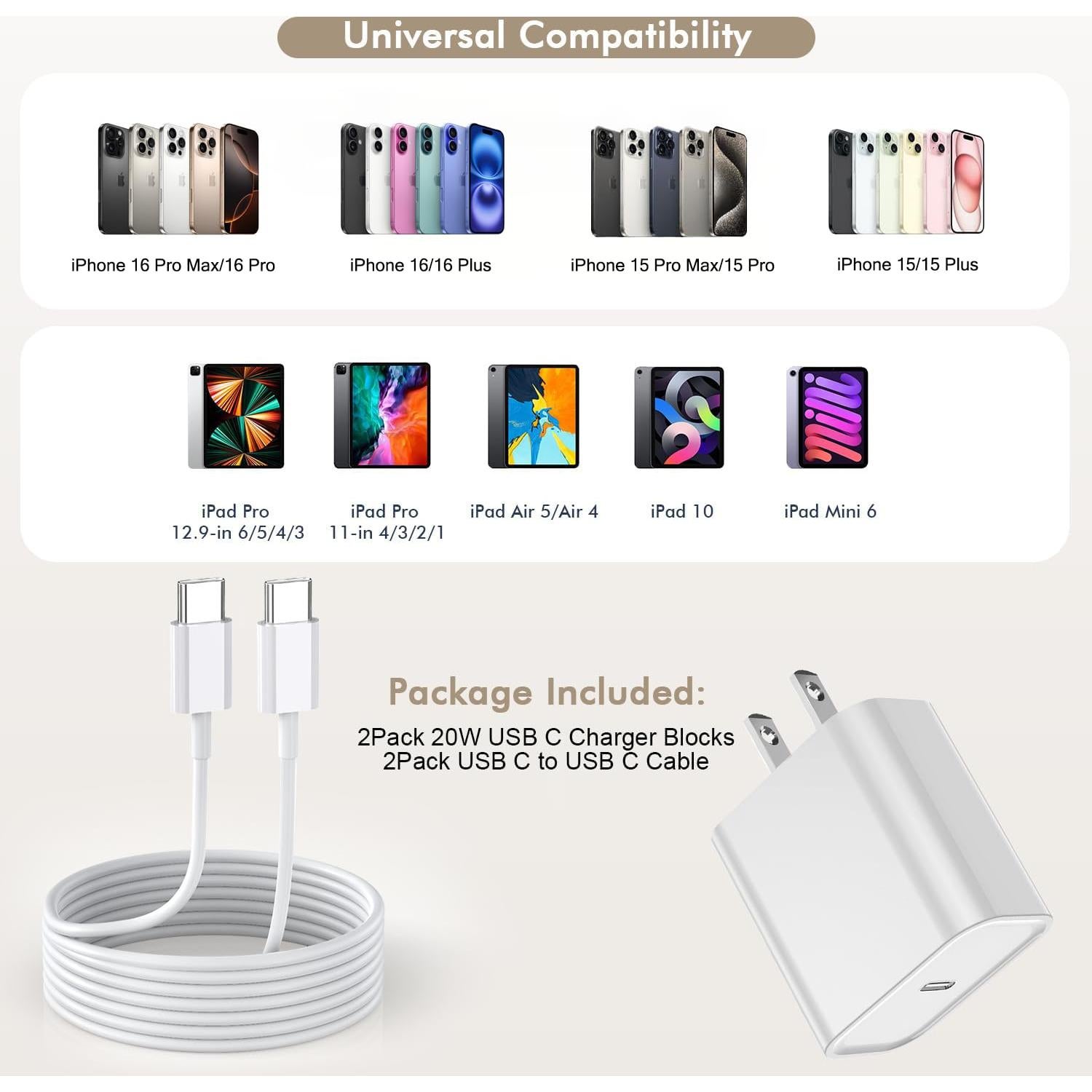 Cargador Rápido 20W + 2 Cables USB-C 3M para iPhone 16/15