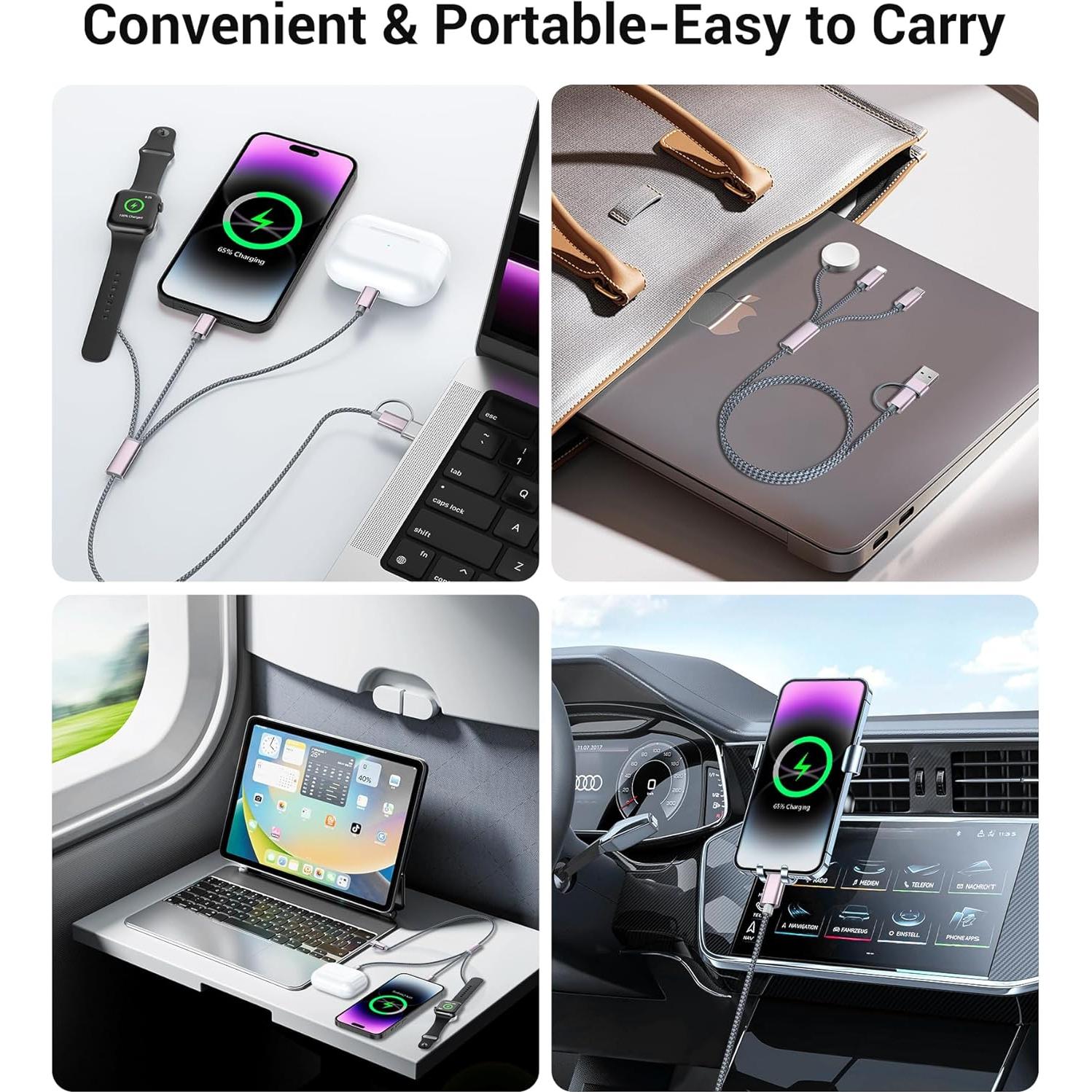 Cable USB-C 3 en 2 Temdan 4FT para iPhone 16 y Apple Watch