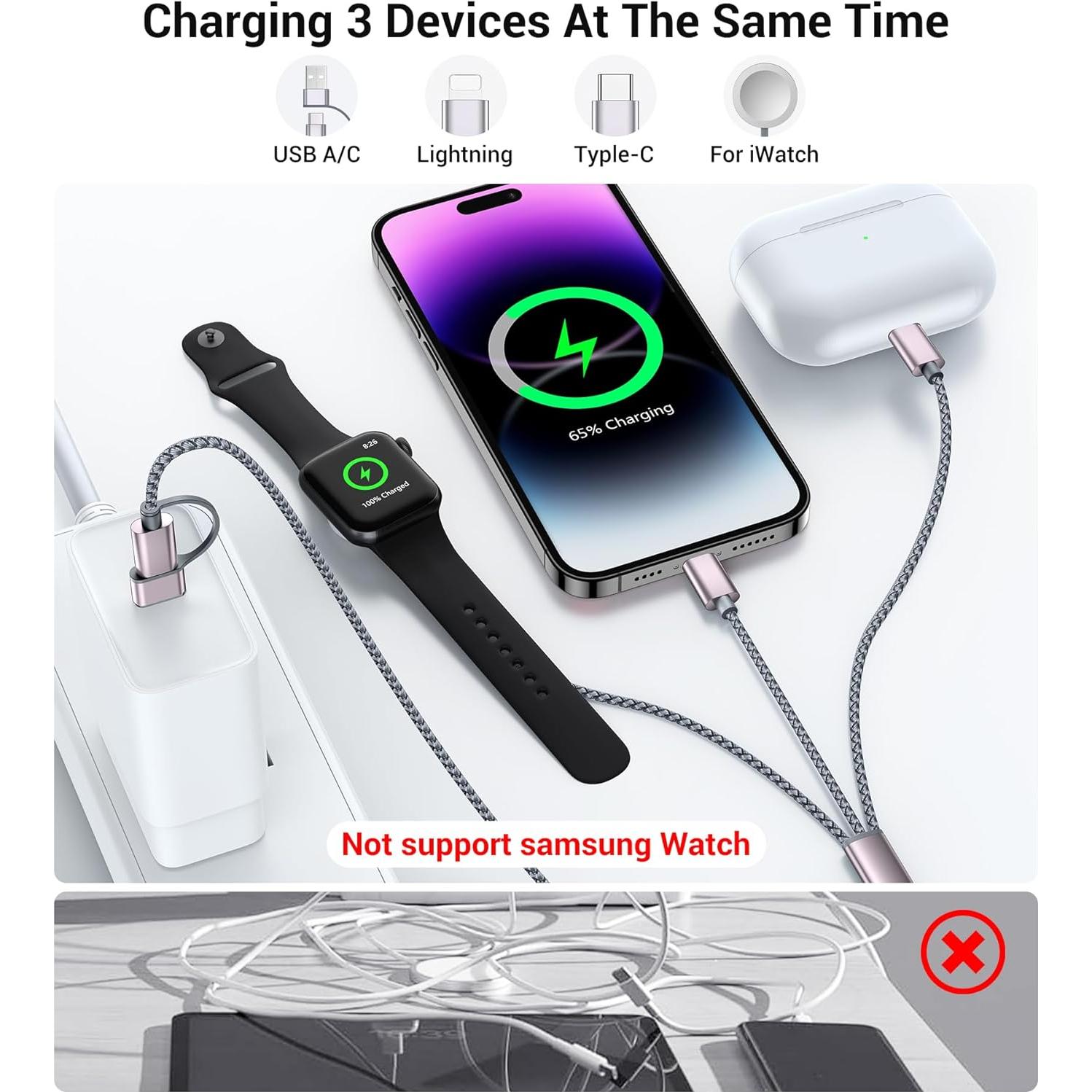 Cable USB-C 3 en 2 Temdan 4FT para iPhone 16 y Apple Watch