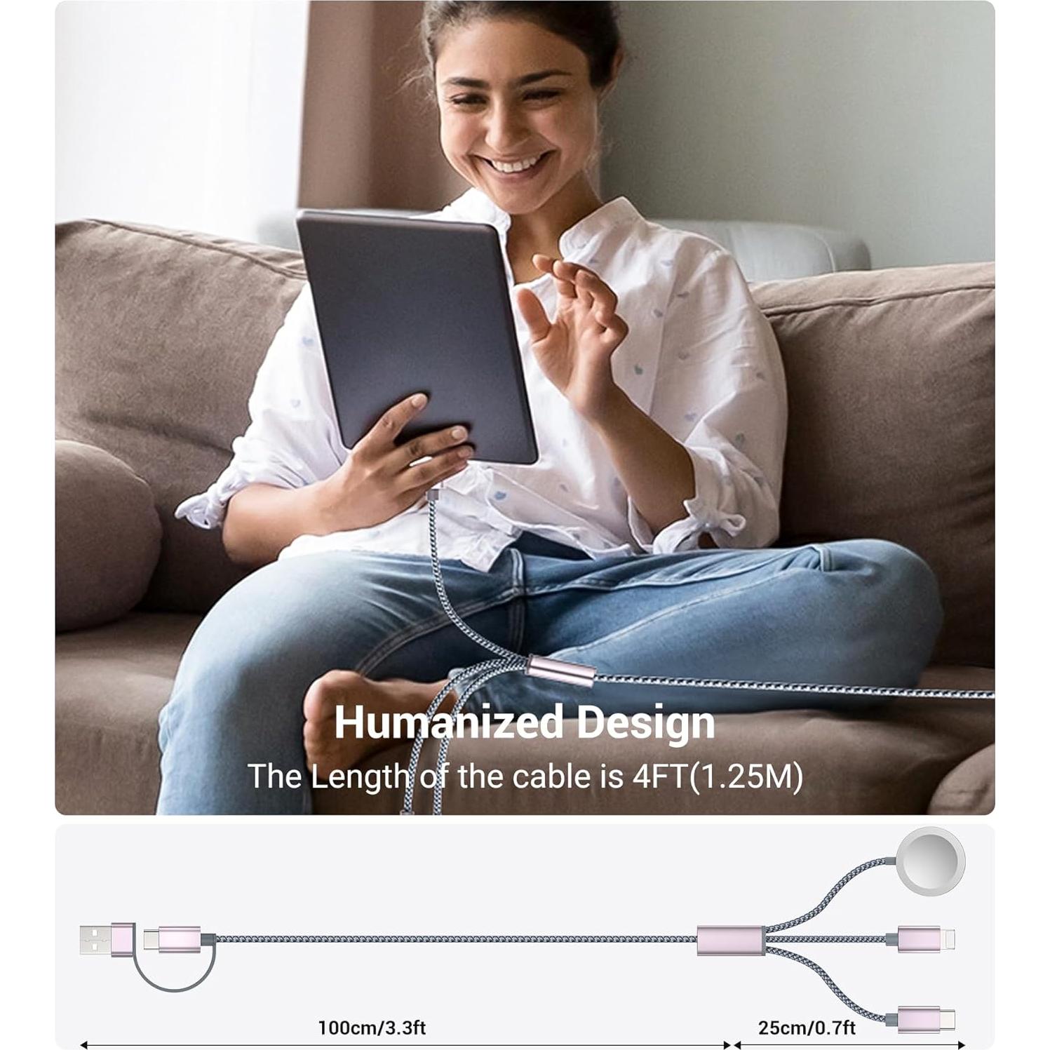 Cable USB-C 3 en 2 Temdan 4FT para iPhone 16 y Apple Watch