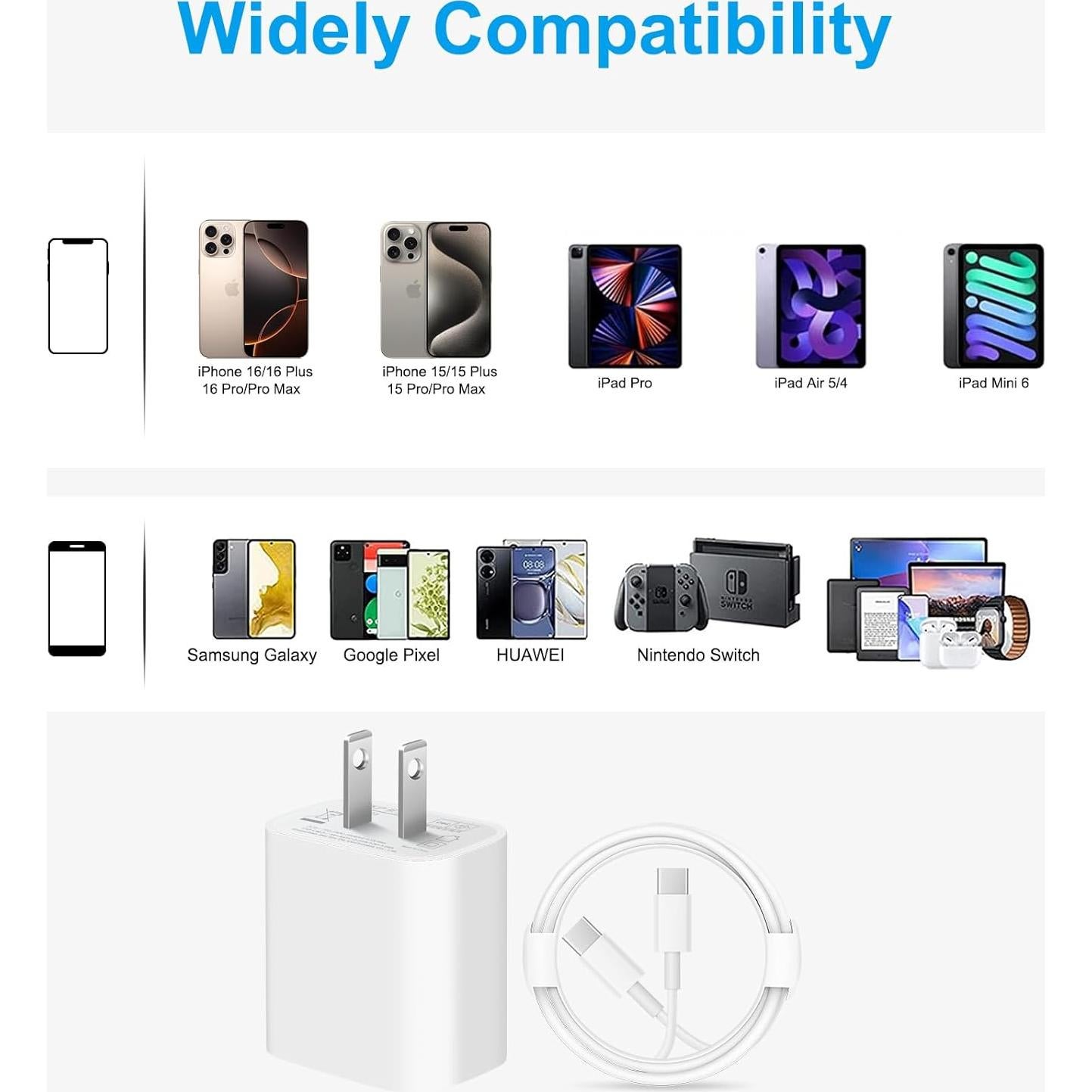 Cargador Rápido USB-C 20W + Cable 3m para iPhone 16/15 - 2 Pcs