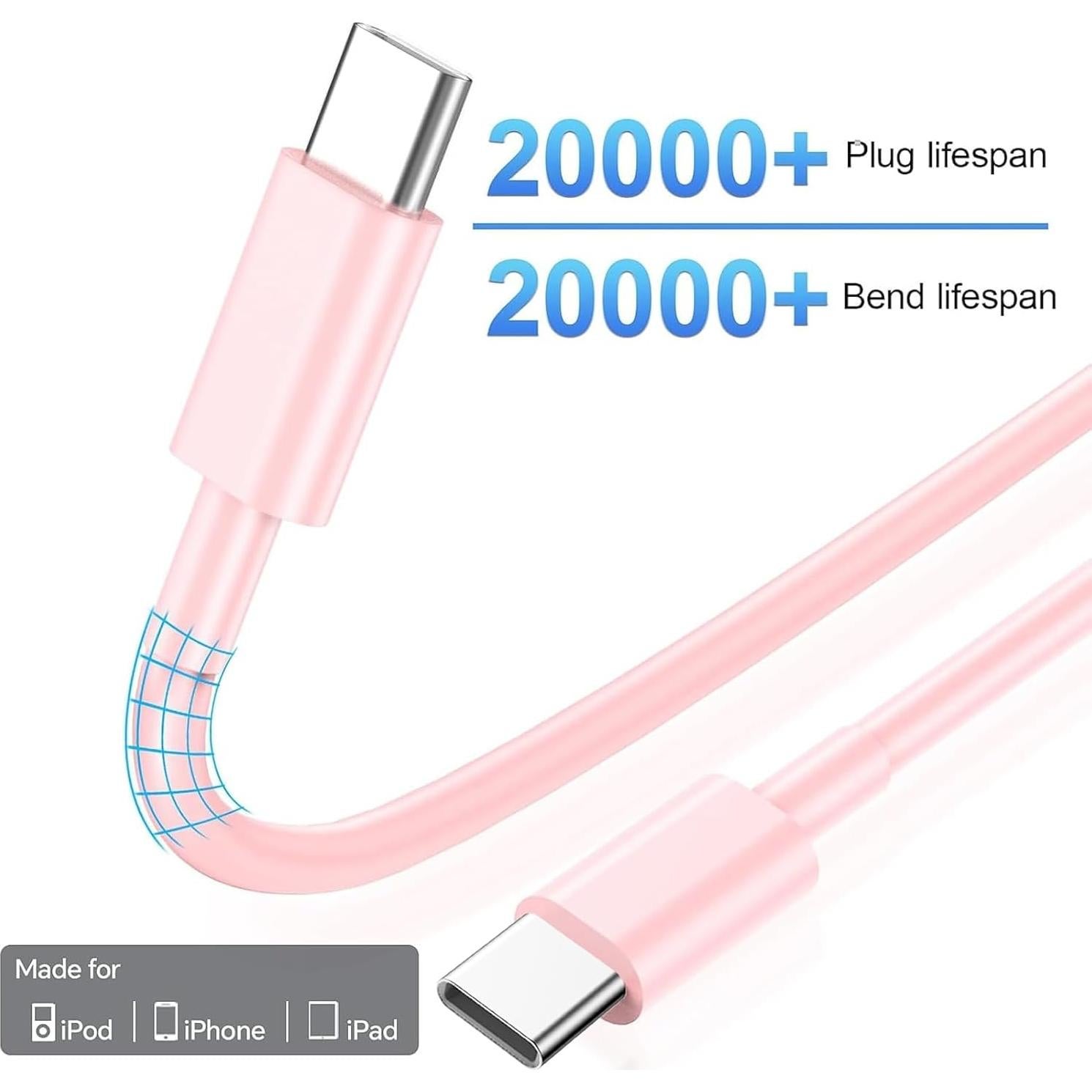 Cable de Carga Rápida USB C 60W 10FT 3Pack para iPhone 16/15