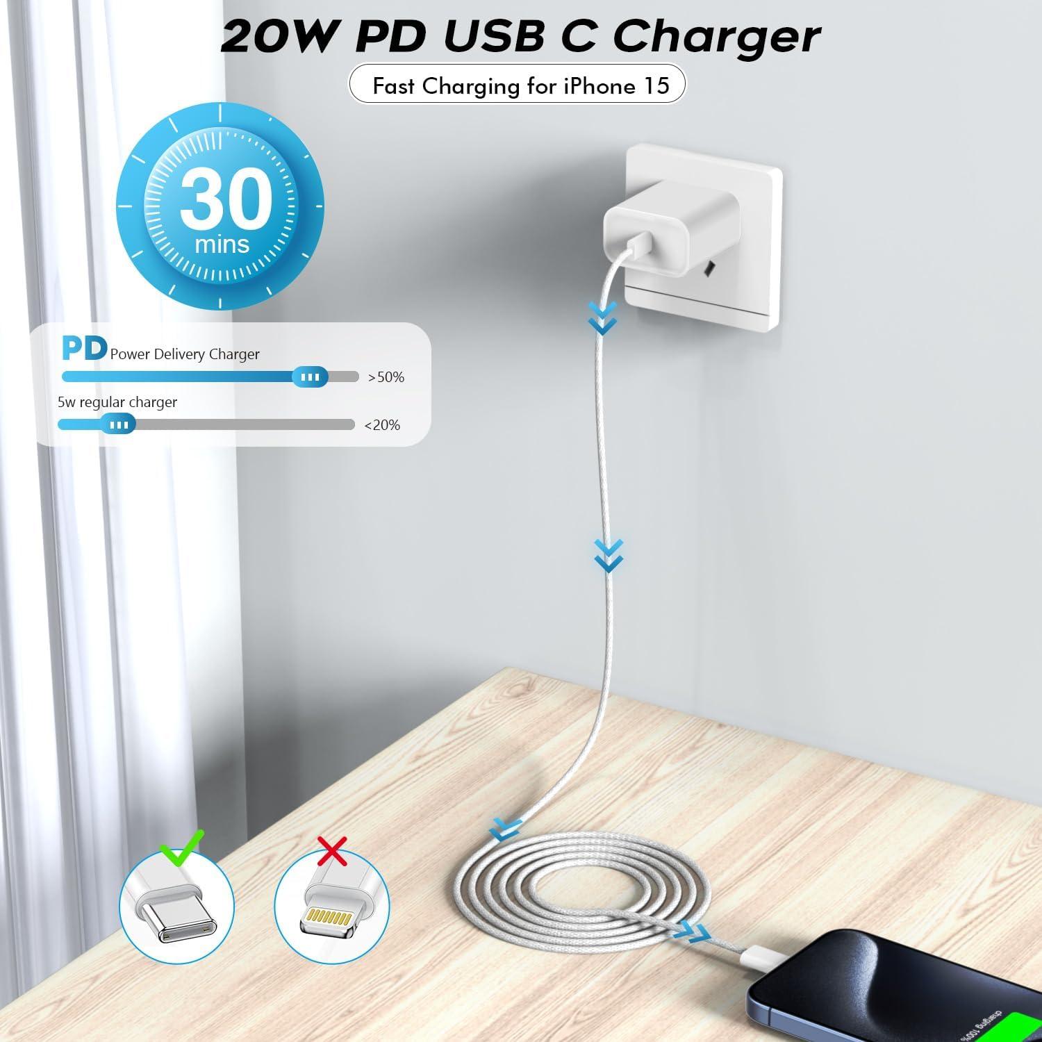 Cargador Rápido USB-C 20W + Cable 10FT para iPhone 16/15