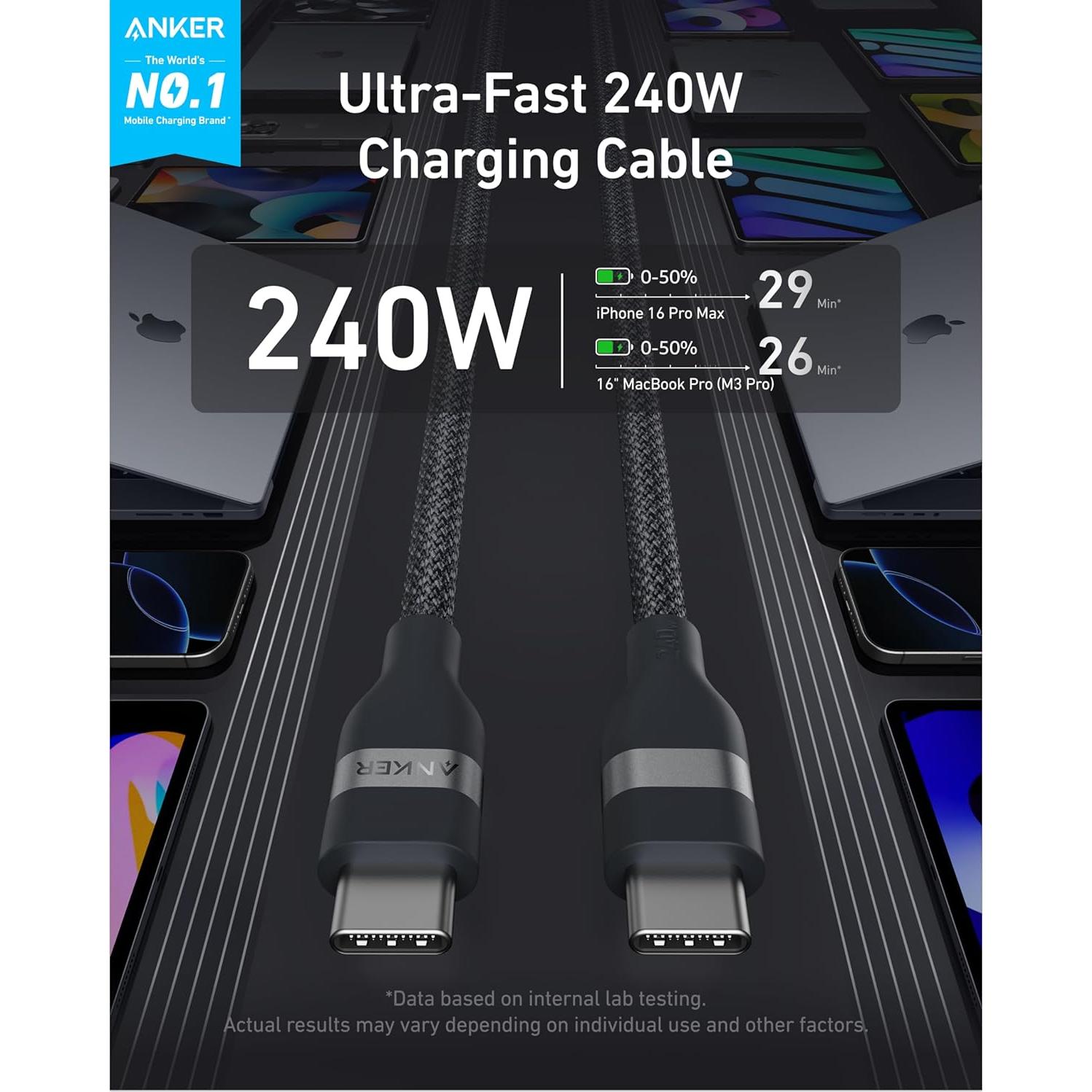 Cable USB C Anker 240W 1.83m Trenzado Carga Rápida Negro