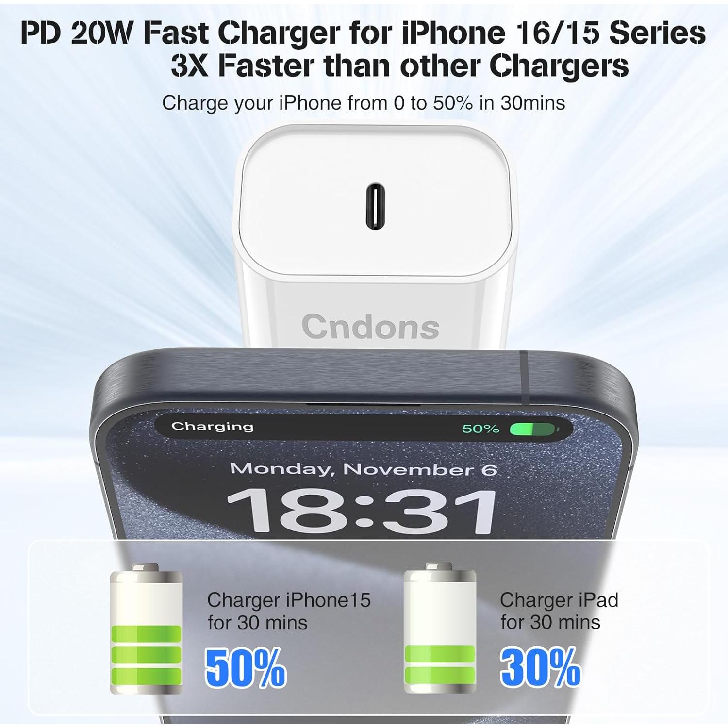 Cargador Rápido 20W Cndons + 3 Cables USB-C 6/6/10ft para iPhone 16/15