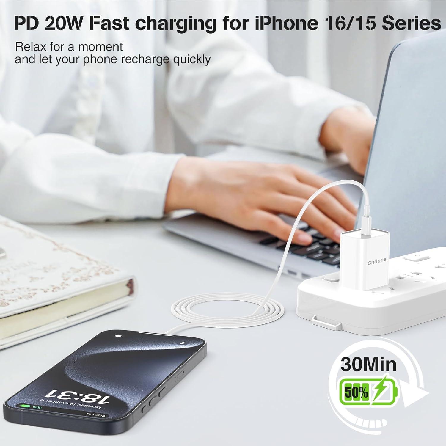 Cargador Rápido 20W Cndons + 3 Cables USB-C 6/6/10ft para iPhone 16/15