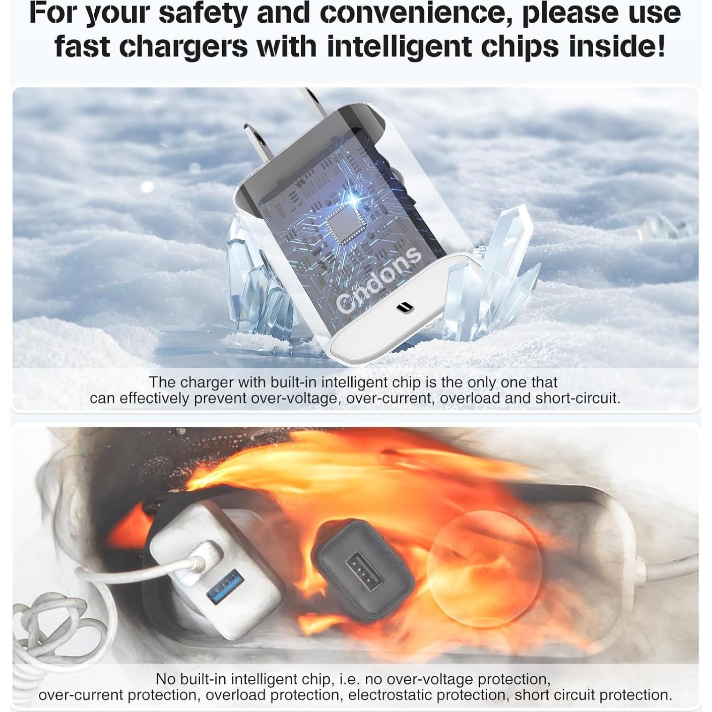 Cargador Rápido 20W Cndons + 3 Cables USB-C 6/6/10ft para iPhone 16/15