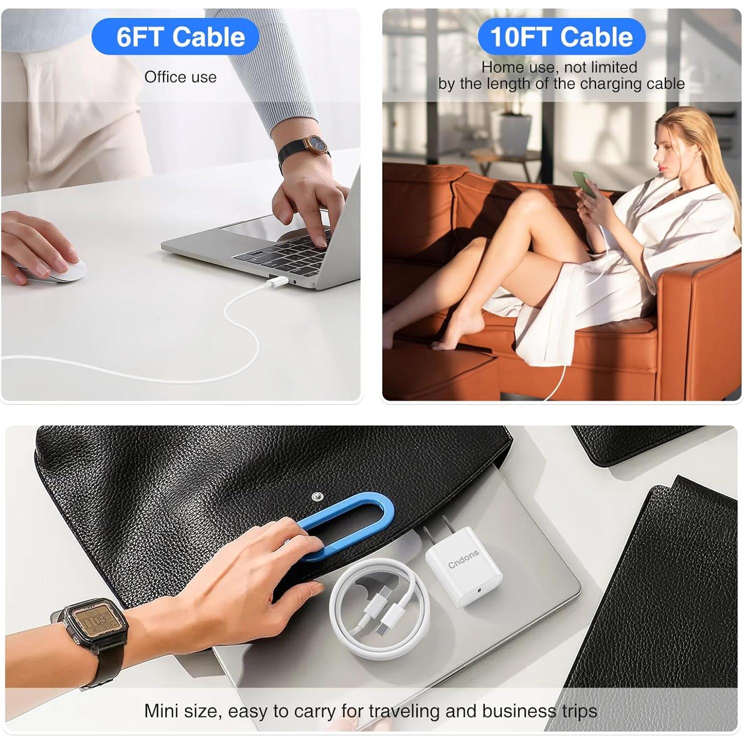 Cargador Rápido 20W Cndons + 3 Cables USB-C 6/6/10ft para iPhone 16/15