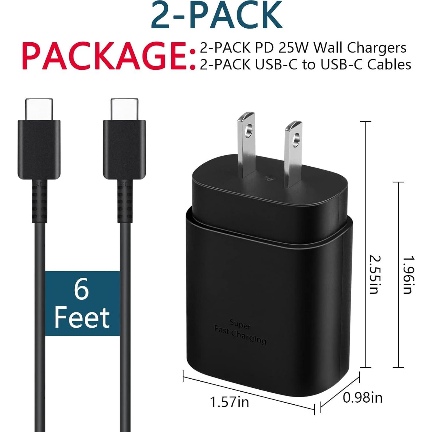 Paquete de 2 Cargadores Rápidos USB-C 25W con Cable 2m