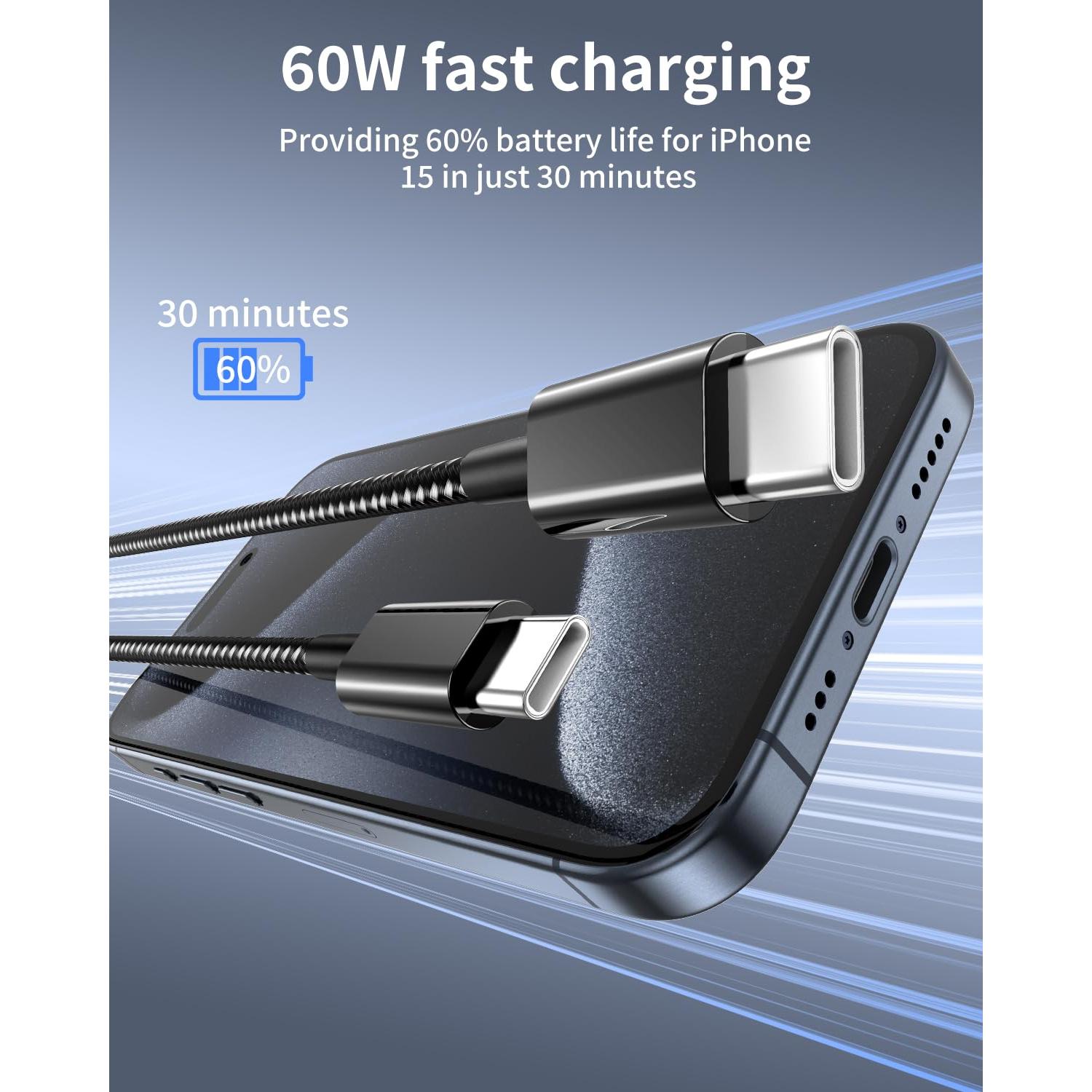 Cable USB C a USB C Plnhixt 1.83m 60W Carga Rápida 5Pack