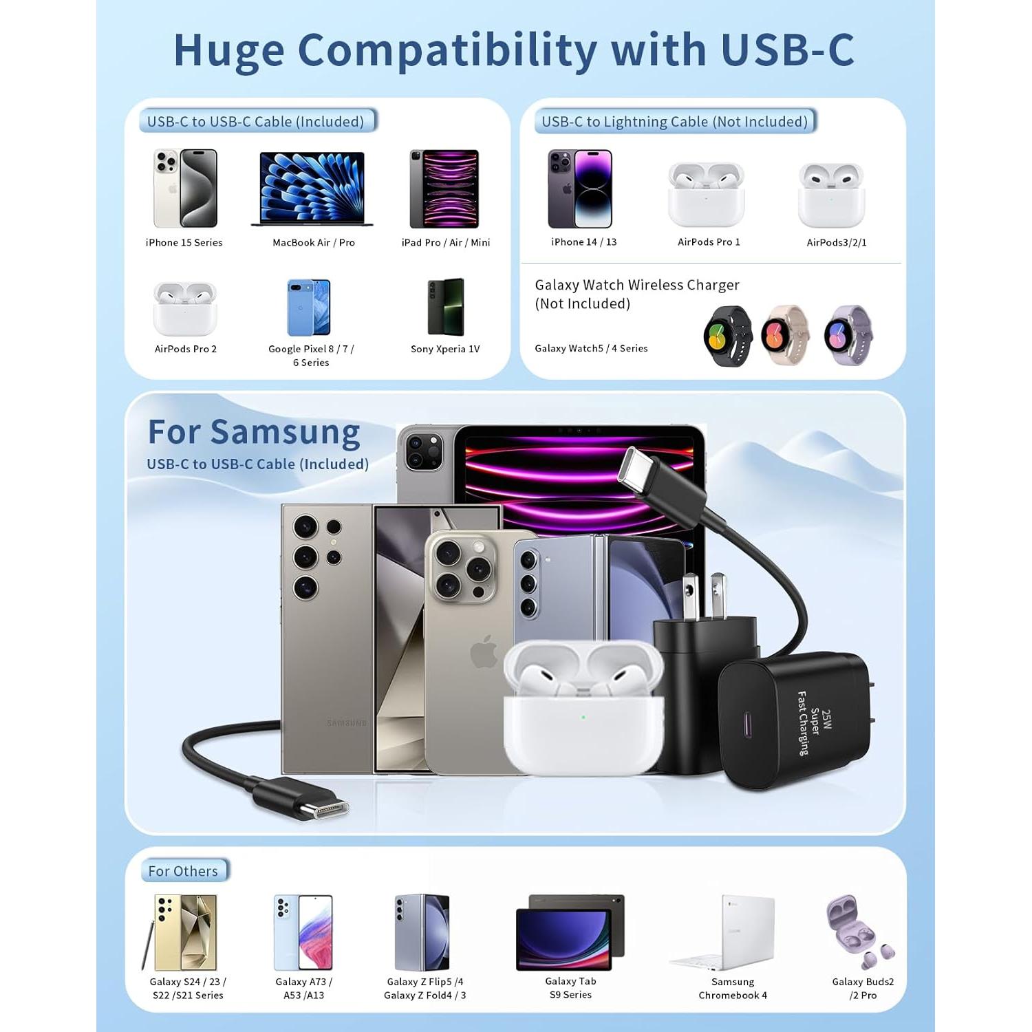 Cargador Rápido USB C Qntry 25W 2Pack con Cable 6 pies