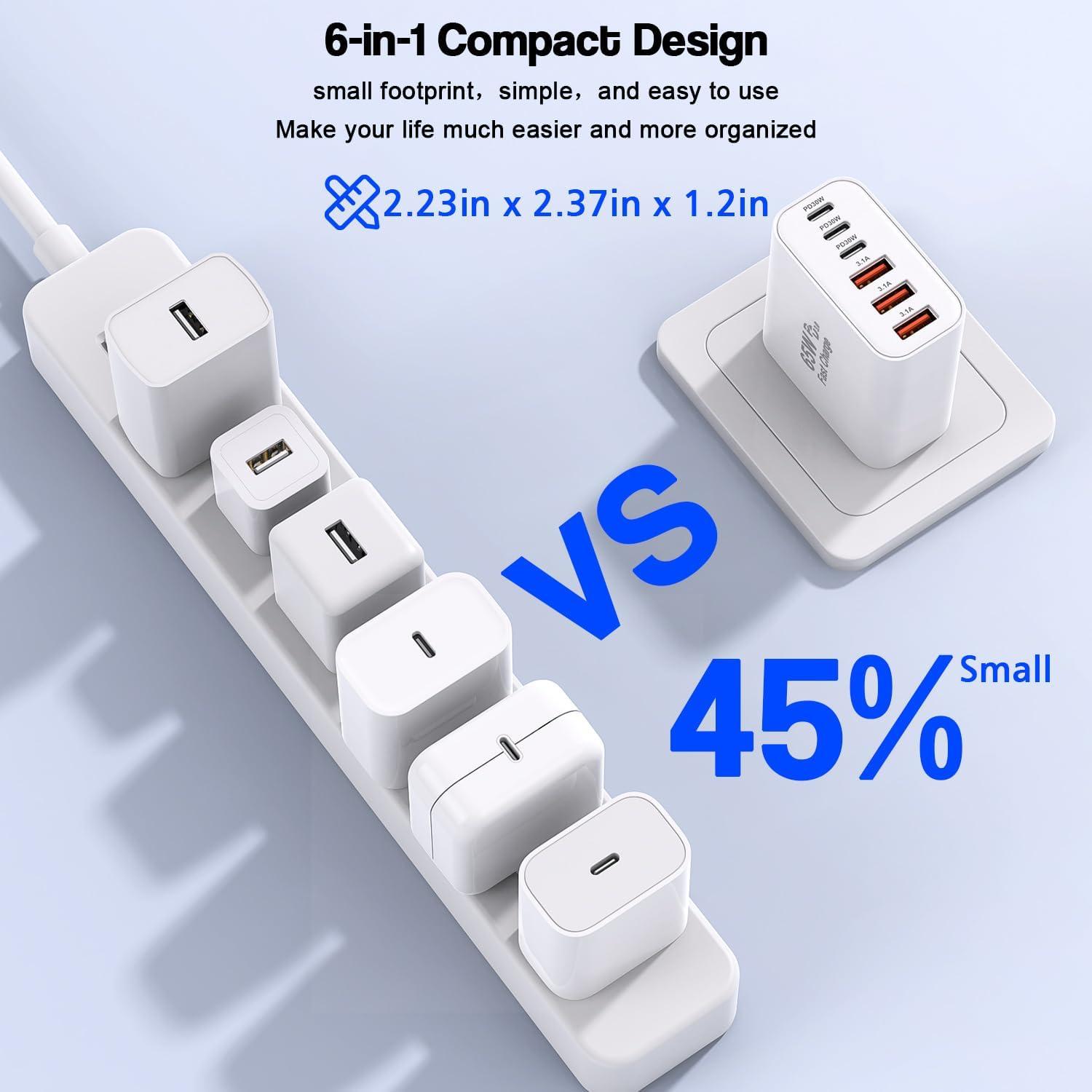 Cargador USB C 65W Rápido 2Pack con Cable 6FT - iPhone Compatible