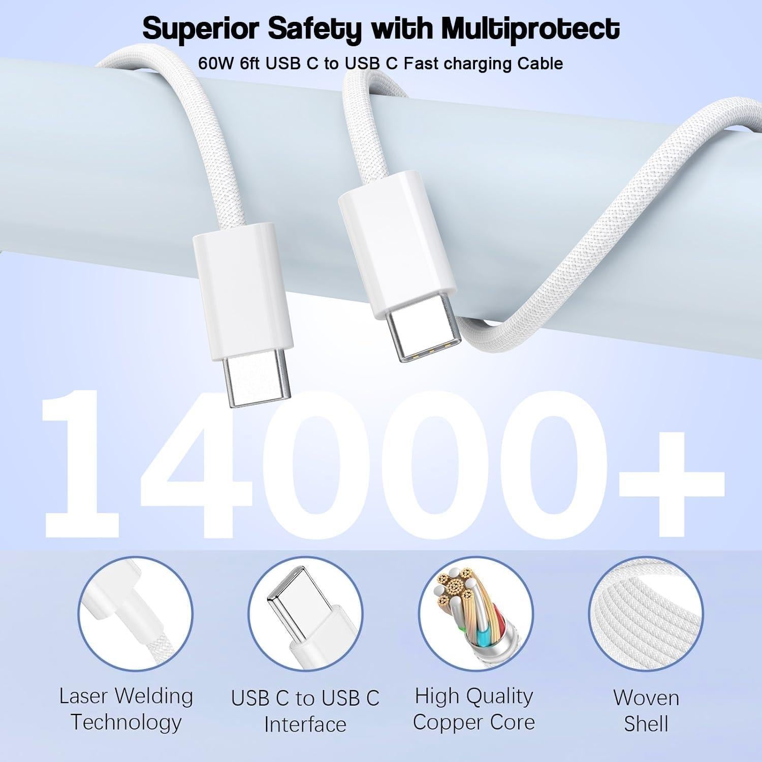 Cargador USB C 65W Rápido 2Pack con Cable 6FT - iPhone Compatible