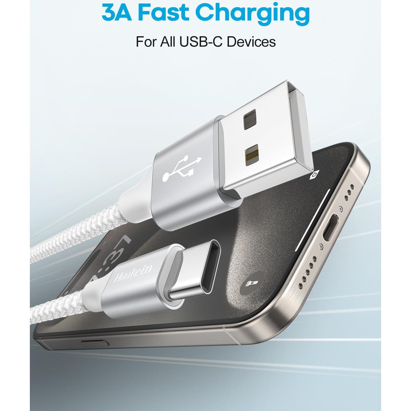 Cable USB A a USB C Huukein 3m Blanco Carga Rápida 3A