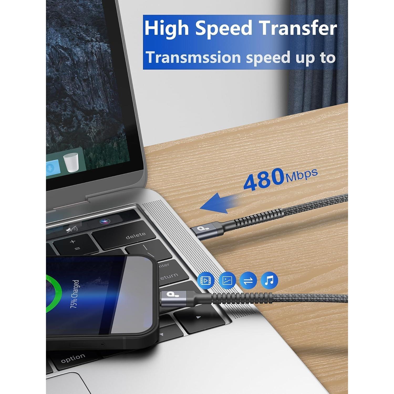 Cable USB C a USB C 10FT PRAKIE Carga Rápida 66W 2Pack