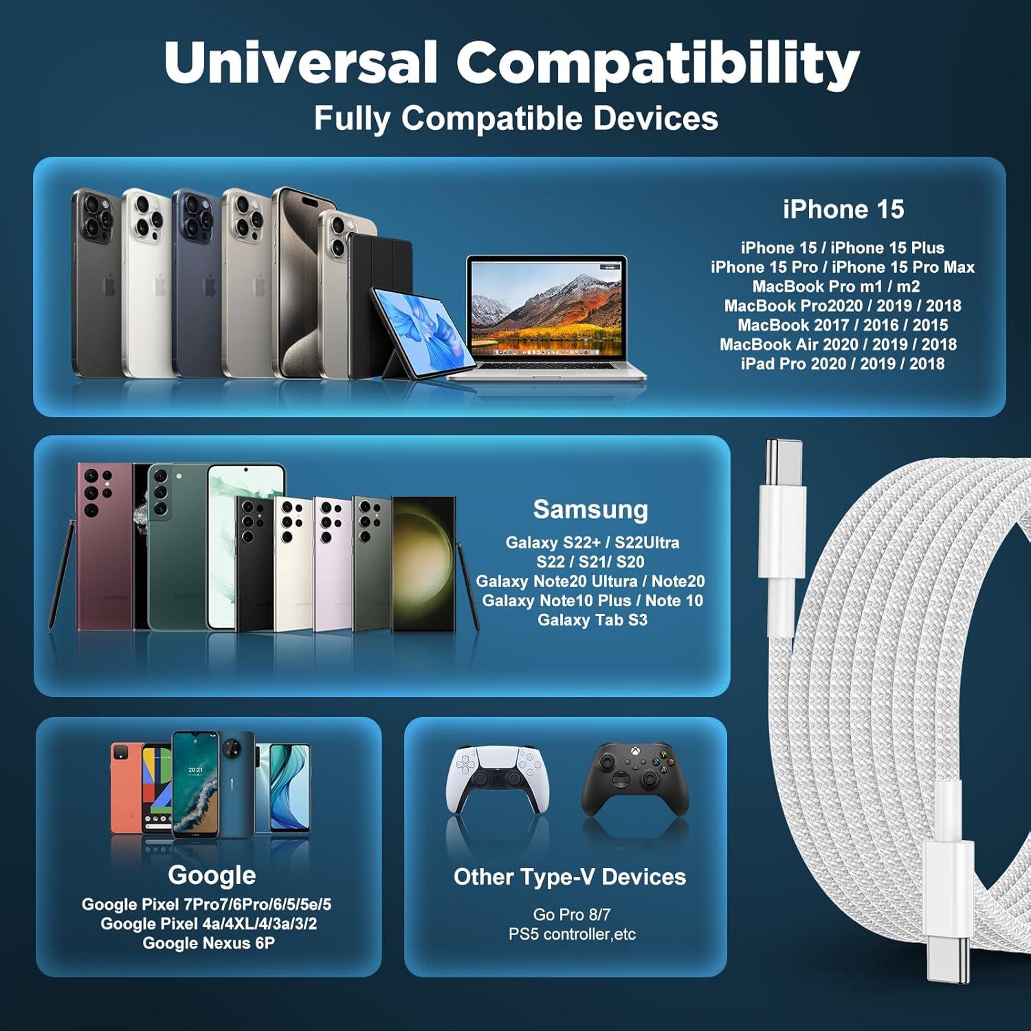 Cable USB C a USB C 6FT + 10FT UCALMA Carga Rápida 60W