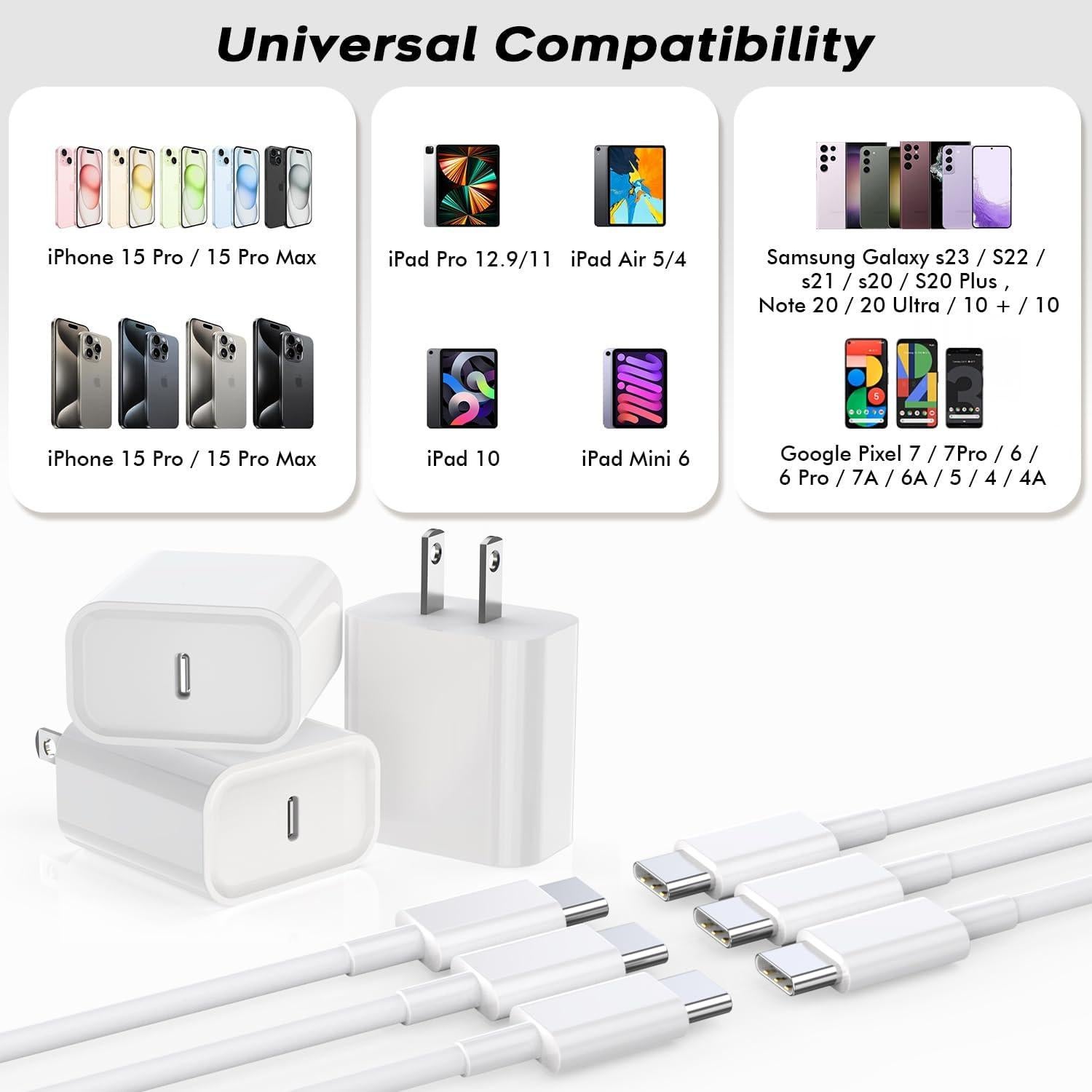 Cargador Rápido USB C 20W + 3 Cables 6FT para iPhone 16/15