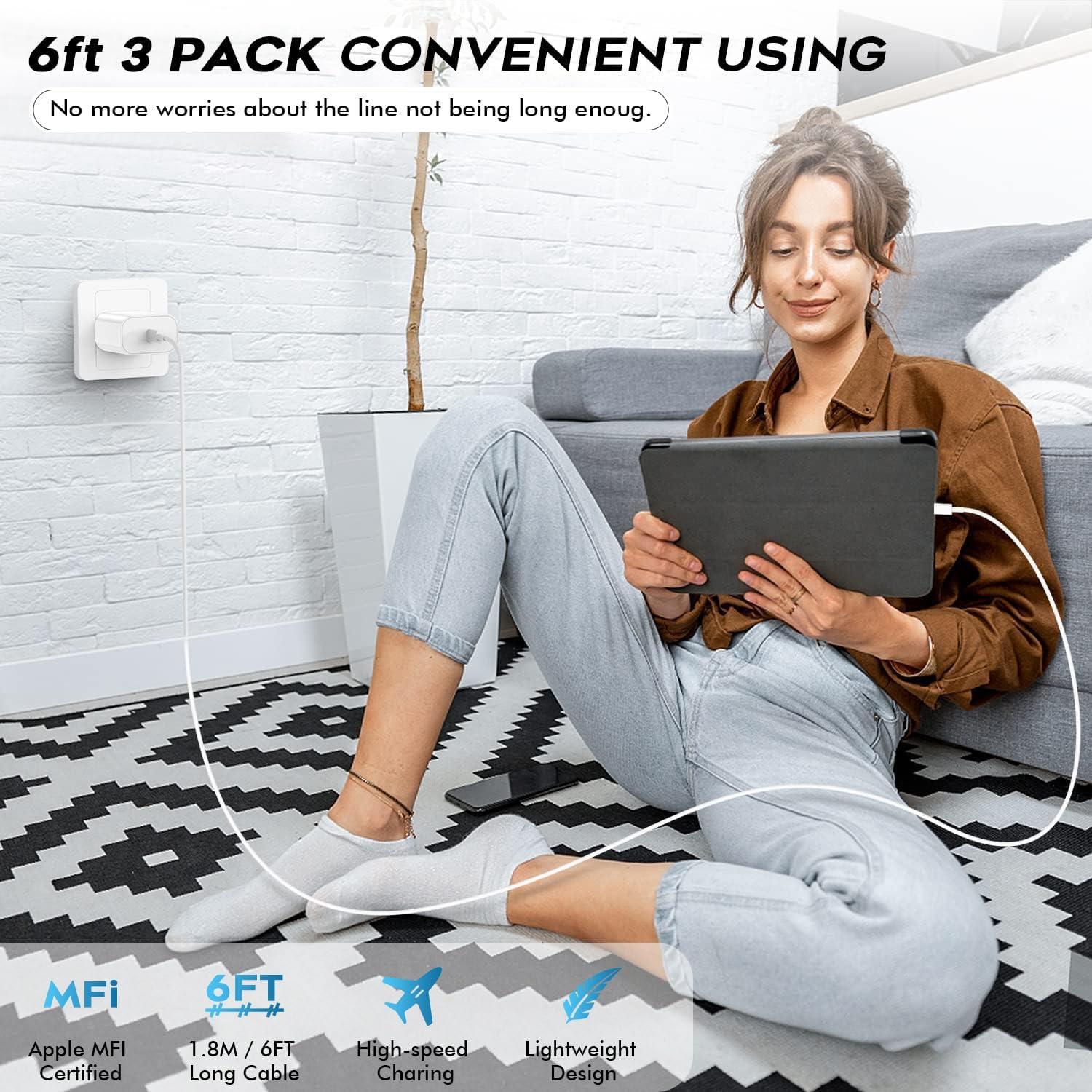 Cargador Rápido USB C 20W + 3 Cables 6FT para iPhone 16/15