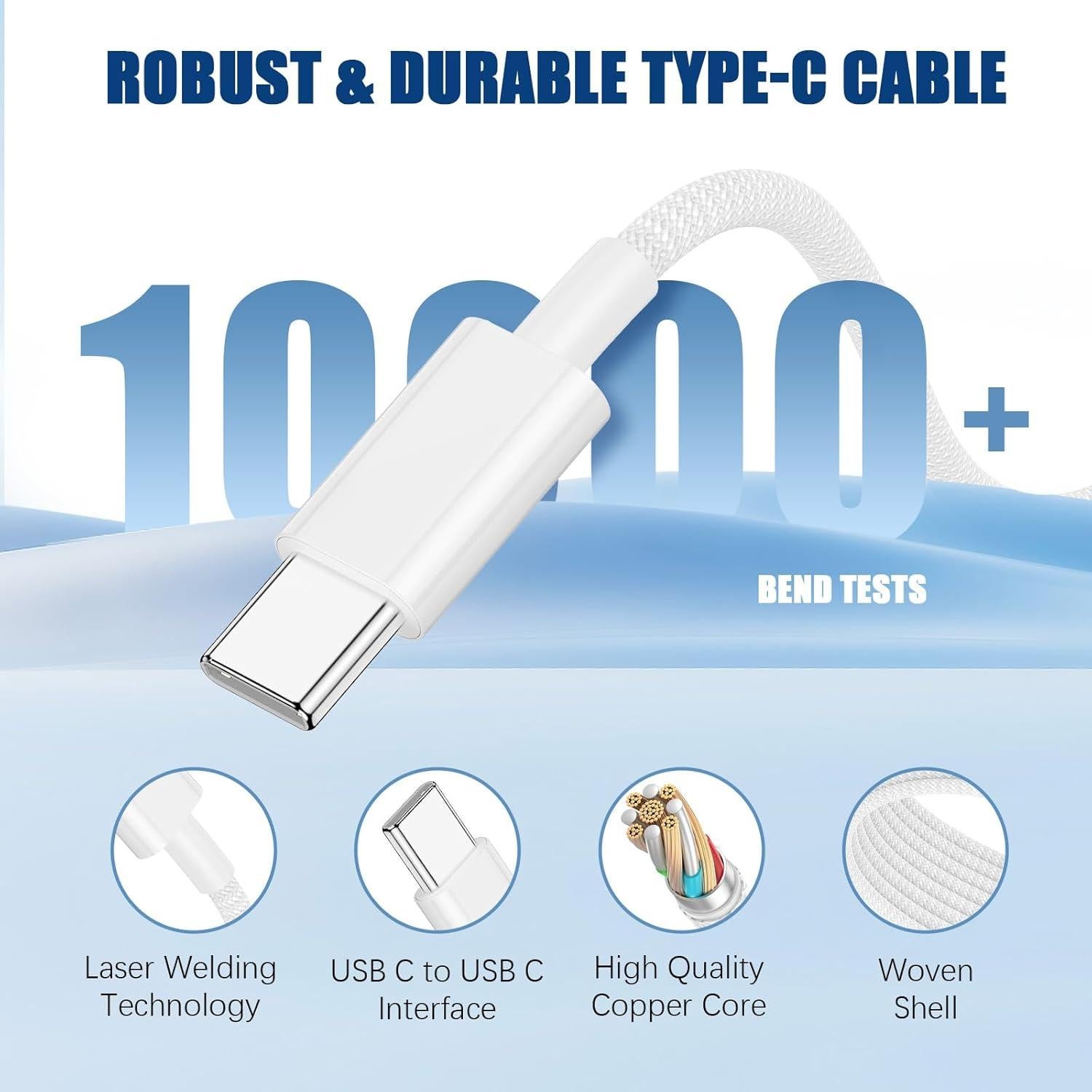 Cable USB C a C 3m QGRHO 60W Carga Rápida Blanco