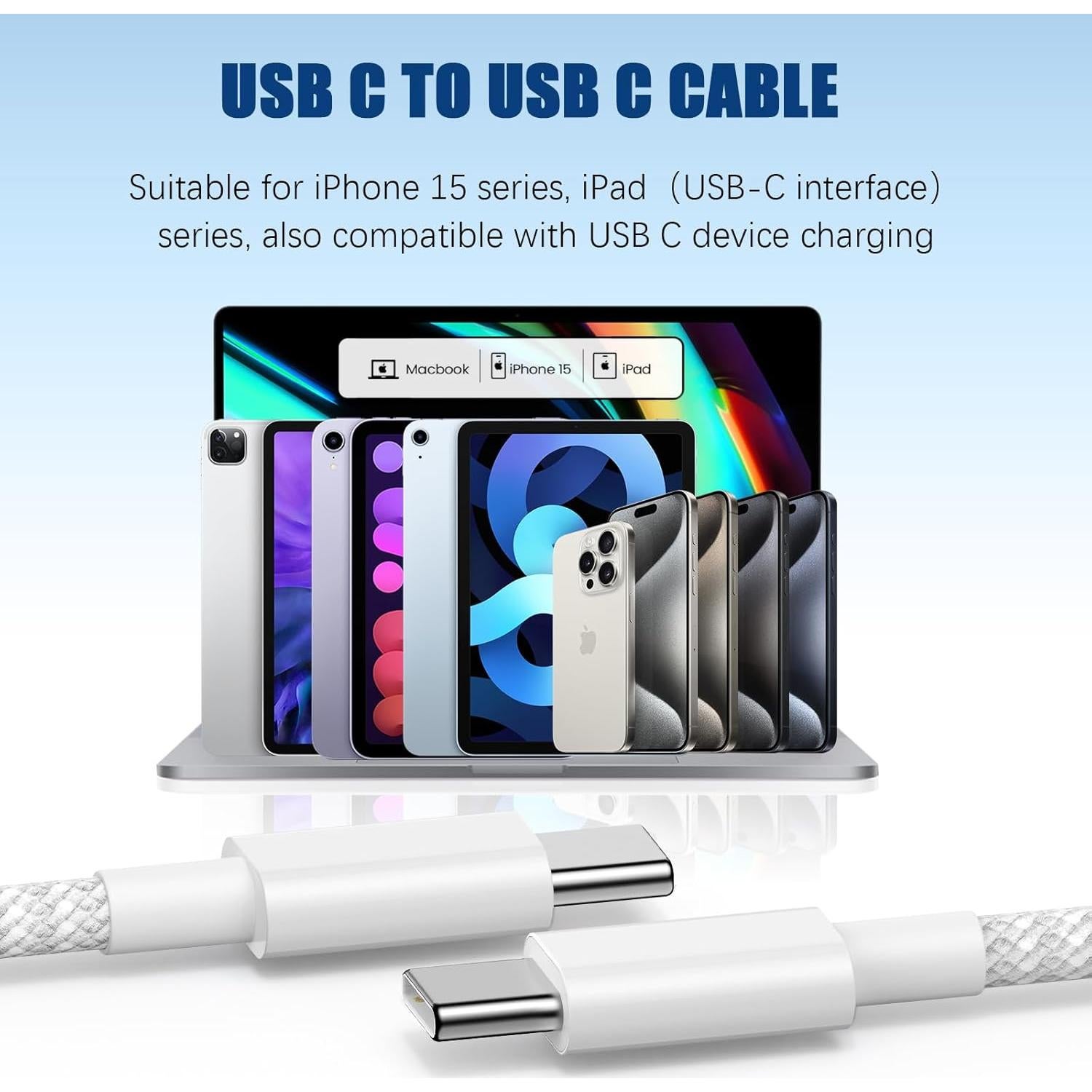 Cable USB C a C 3m QGRHO 60W Carga Rápida Blanco