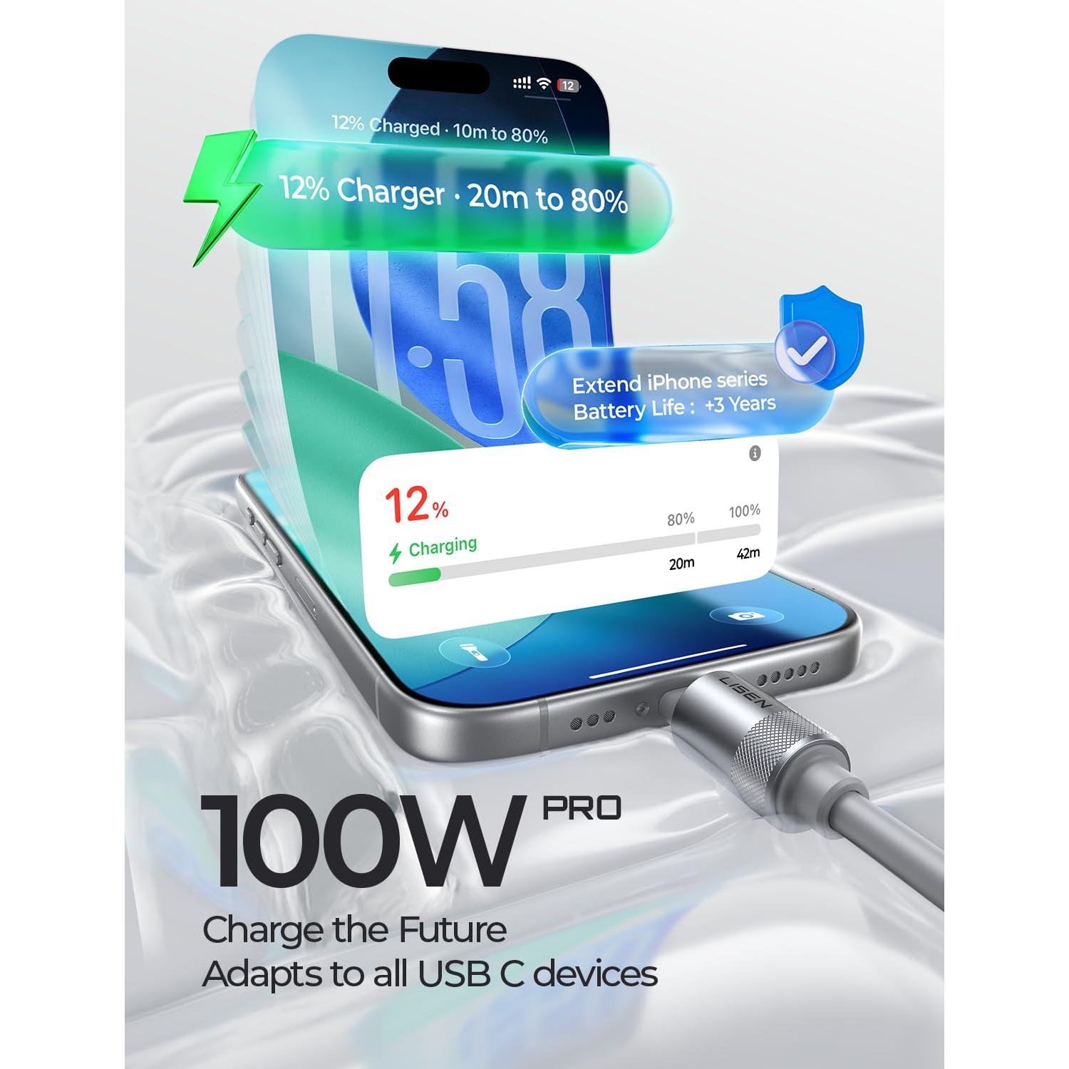 Cable USB C 3M LISEN 100W Carga Rápida Silicona Gris