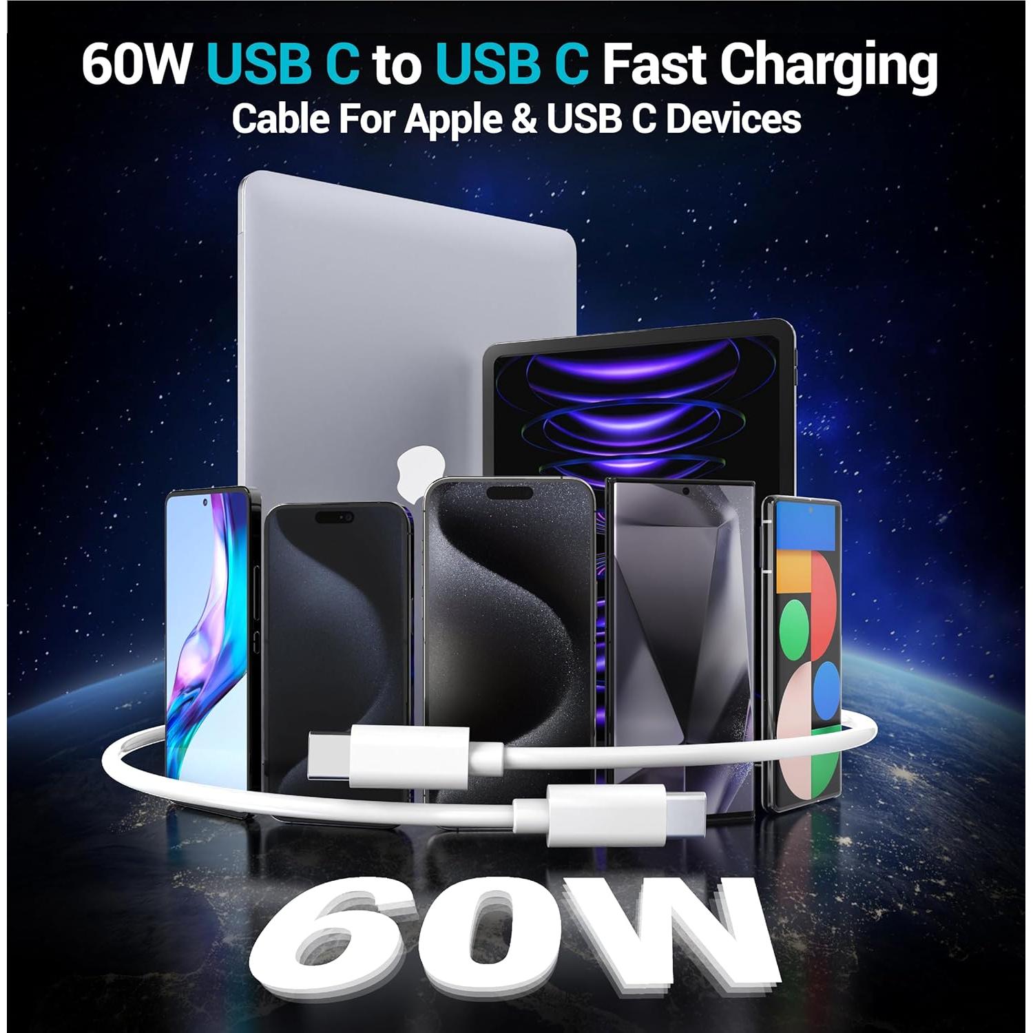 Paquete de 4 Cables USB C a C 60W - 1.83m y 3.05m Blanco