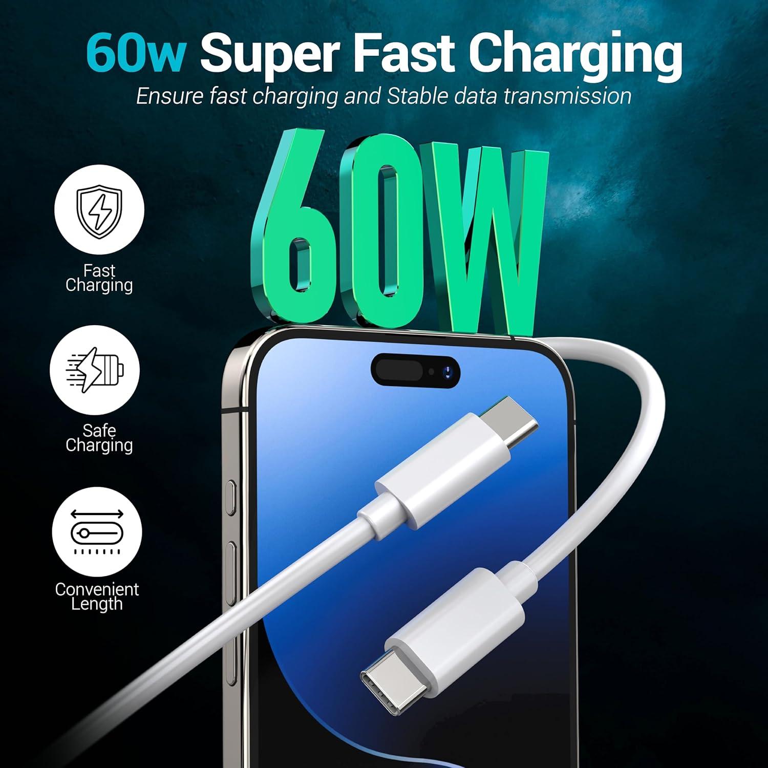 Paquete de 4 Cables USB C a C 60W - 1.83m y 3.05m Blanco