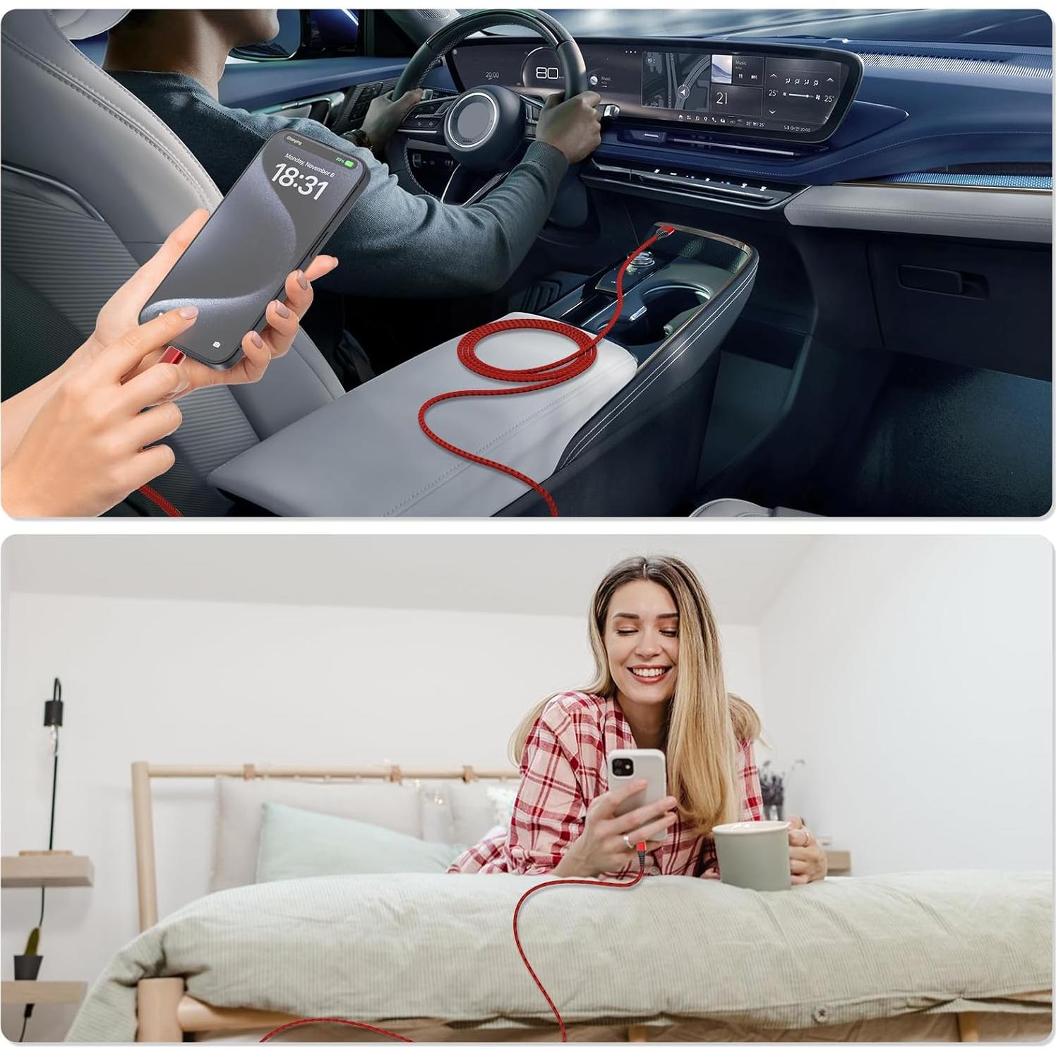 Cable USB C 1.83m Cabepow 3Pack Carga Rápida Nylon Rojo