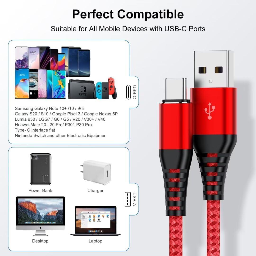 Cable USB C 1.83m Cabepow 3Pack Carga Rápida Nylon Rojo