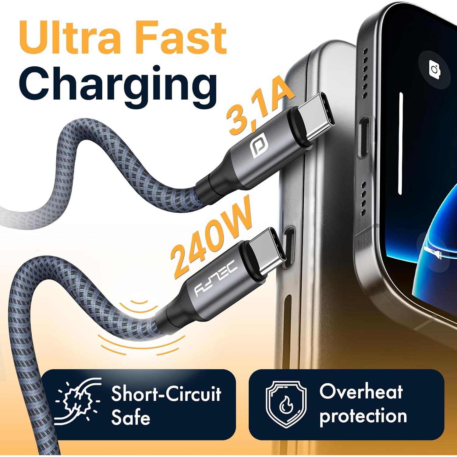 Cable USB-C trenzado Delfy 2m carga rápida 240W para iPhone 15/16